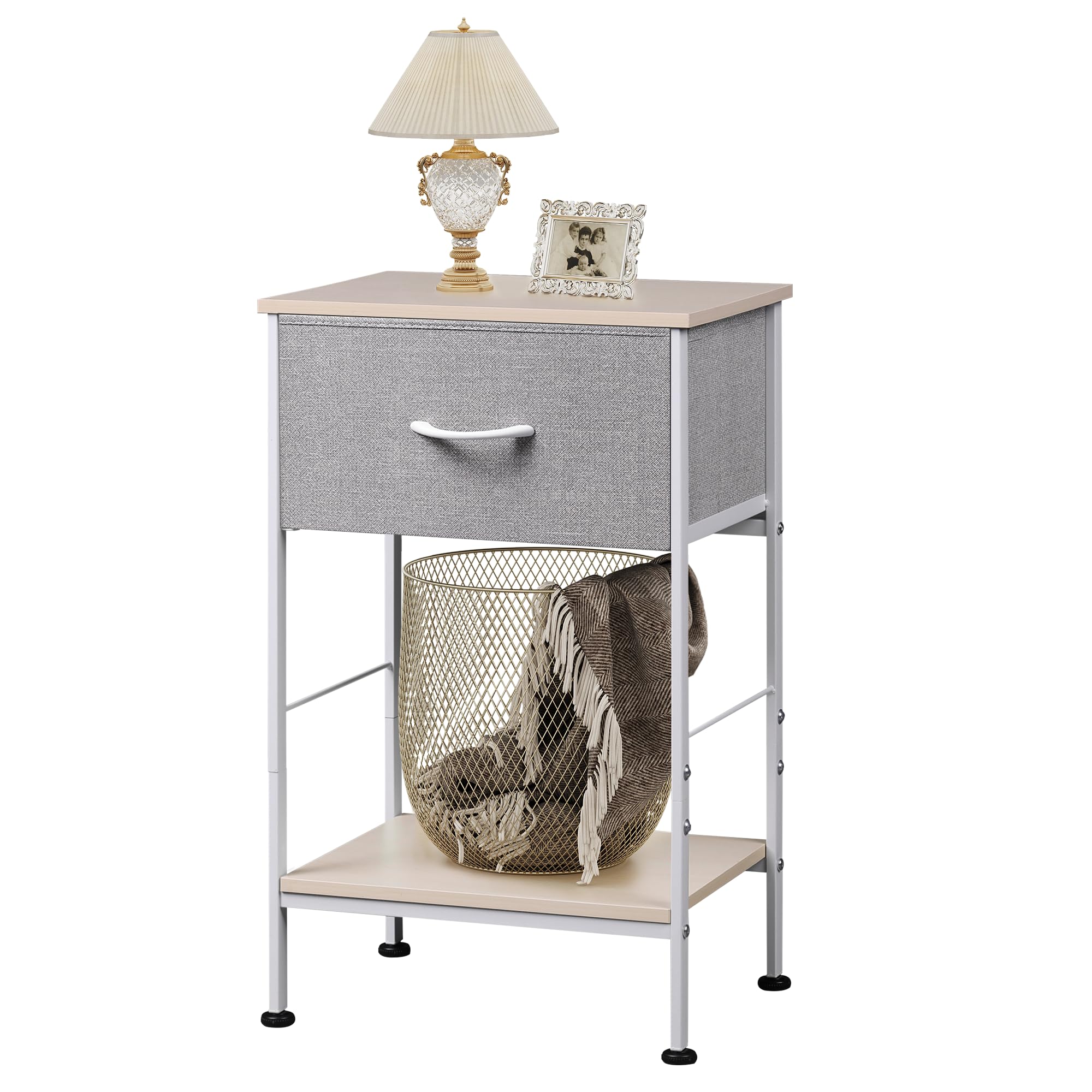 WLIVE Bedside Table, 2-Tier Bedside Cabinet with Fabric Storage Drawer, Nightstand with Steel Frame, Side Table for Bedroom, Living Room, Light Grey