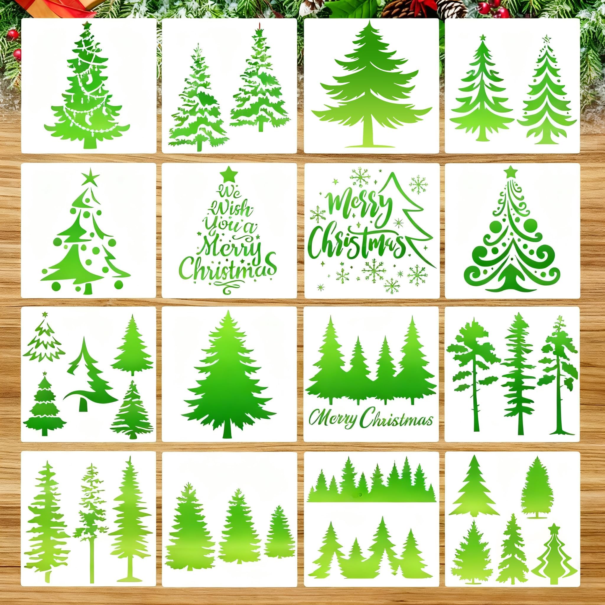 HOWAF 16pcs Pine Tree Stencils, Christmas Tree Stencils for Xmas Crafts Reusable Christmas Window Stencil Wall Stencil for Painting Plastic Templates Xmas Templates for Windows, 15 x 15 cm