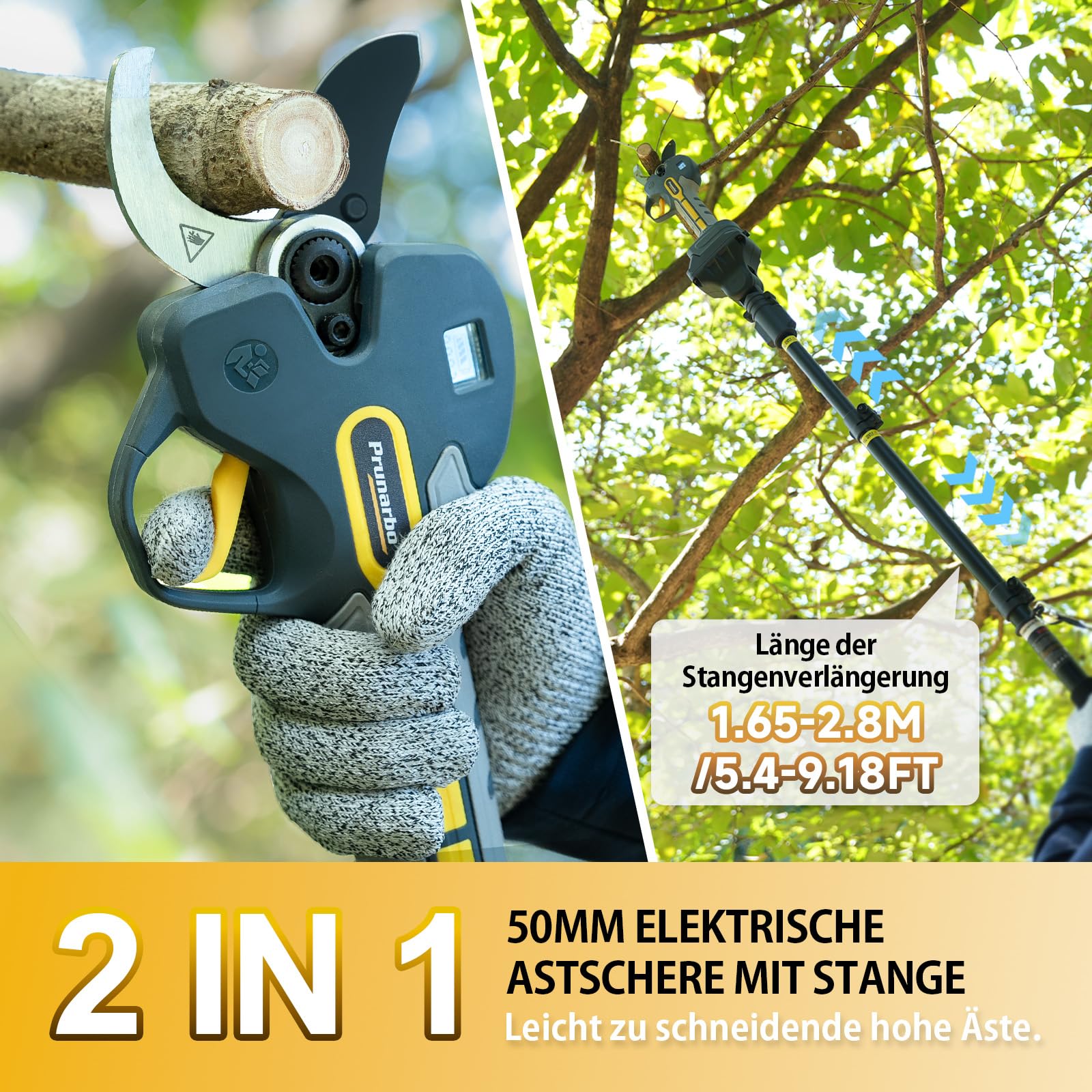 Akku Astschere 50mm mit Verlängerungsstiel für Baumpflege | professionelle Akku Gartenschere mit Verlängerung, 1,3–2,5m Teleskopstiel, Für hohe Äste und präzise Baumschnitte