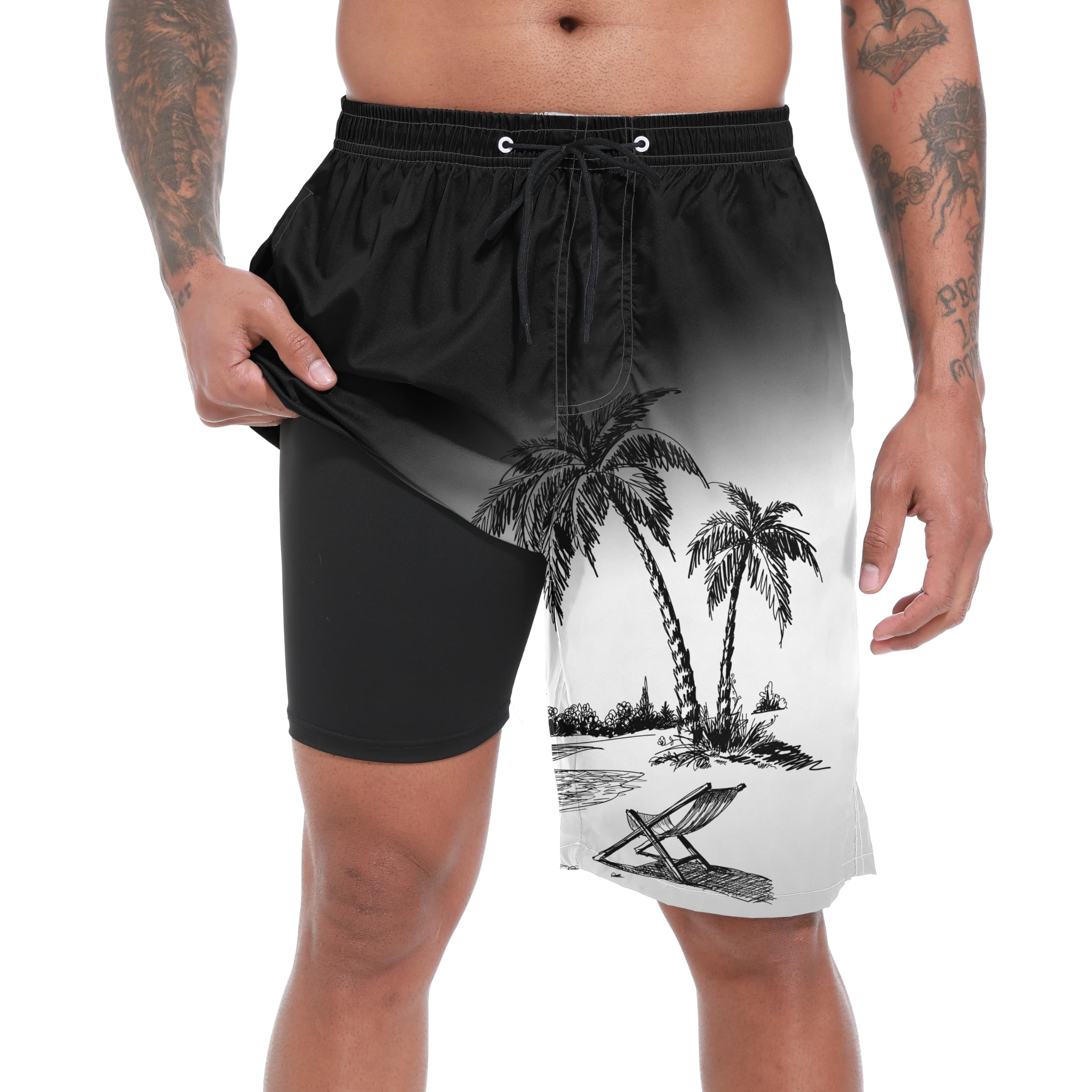 FT FENTENG Mens Swim Trunks with Compression Liner 9" Big and Tall Board Shorts 2 in 1 Quick Dry Long Swimwear Bathing Suits