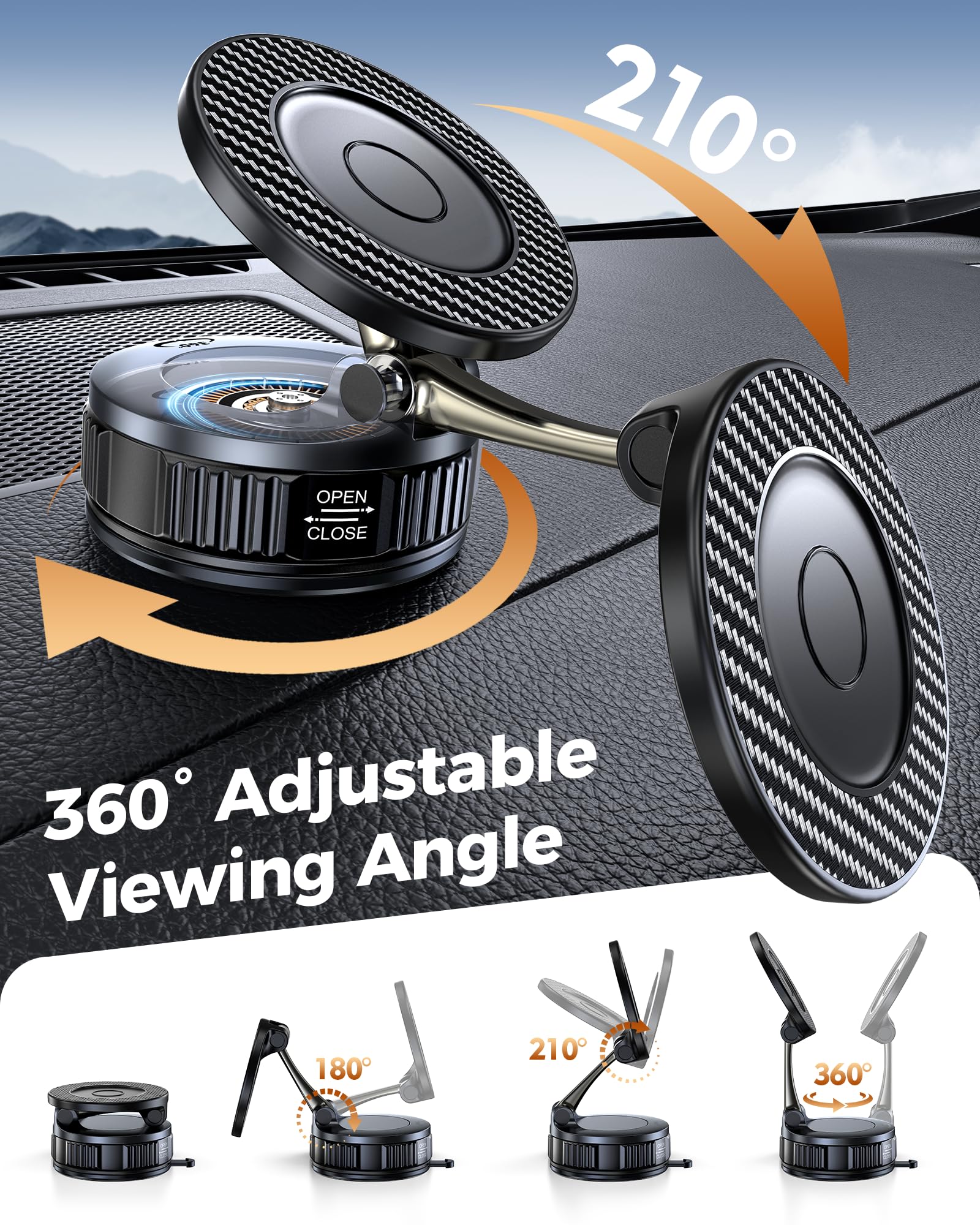 Car Phone Holder for Magsafe – [Carbon Fiber] Phone Mount for Car [Super Strong Magnetic, 360° Adjustable, 108LBS Vacuum Suction] Phone Holders for Your Car, Car Accessories for iPhone 17–12 Series - 2