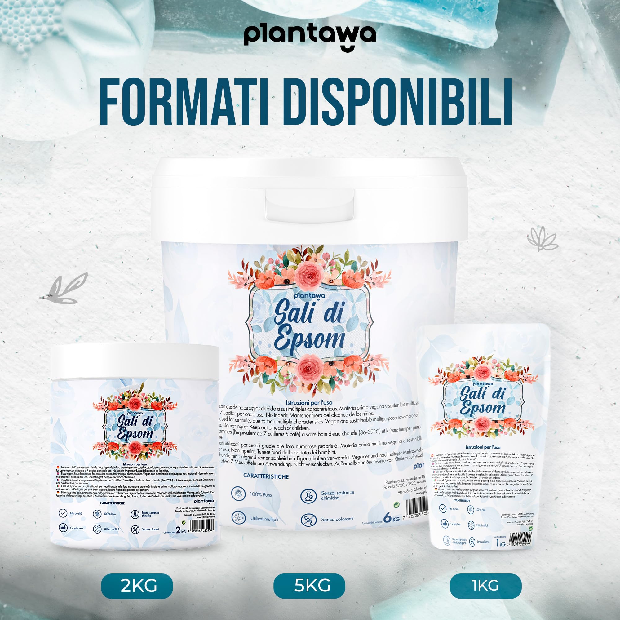 PLANTAWA Sale di Epsom 2kg | Sali da Bagno Rilassanti con Solfato di Magnesio Puro | Relax Muscolare, Cura della Pelle e Benessere Naturale | Bagno Rilassante e Schiumoso | Senza Tossine e Additivi