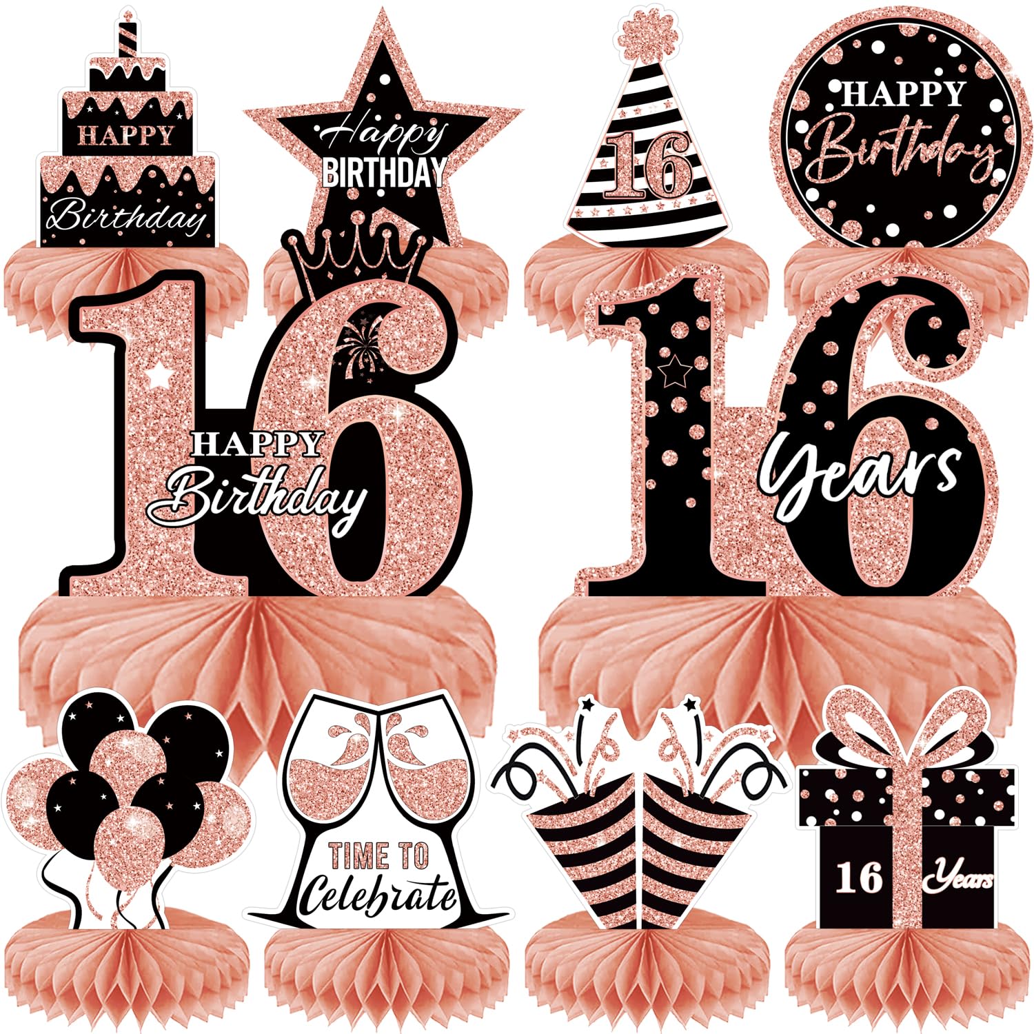 10Pcs Rose Gold Sweet 16th Birthday Decorations for Girls,16th birthday Honeycomb centerpieces for tables ，Sixteen Year Old Birthday Table Toppers