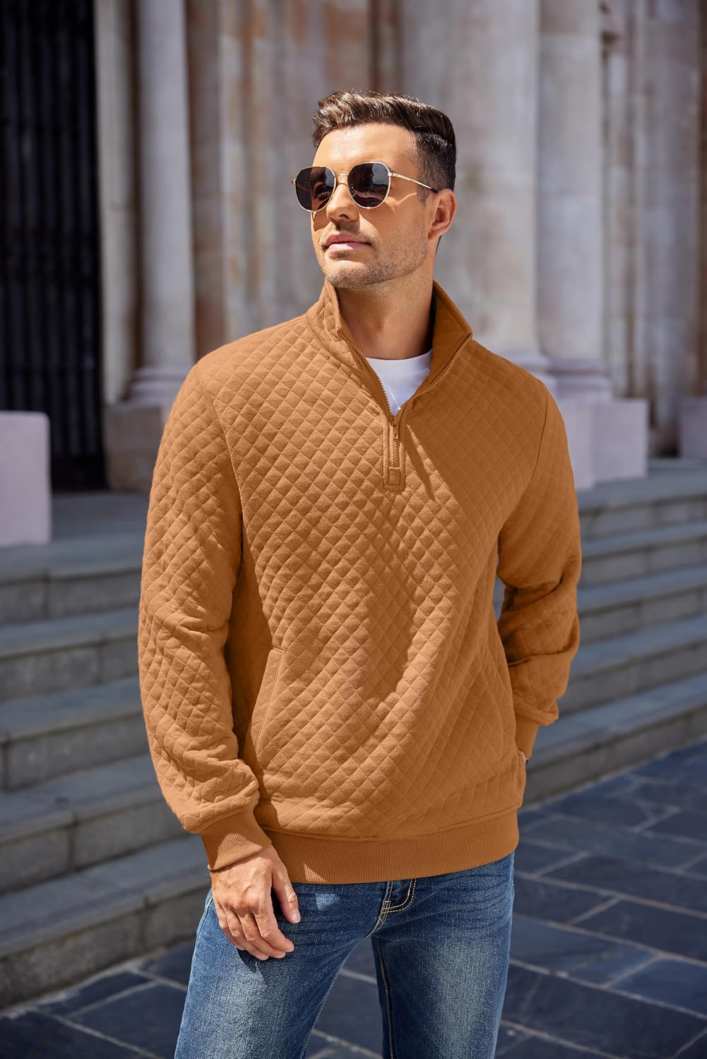 COOFANDY Mens Quarter Zip Pullover Quilted Sweatshirt Knit Long Sleeve Mock Neck Sweater Polo with Pocket - Image 2