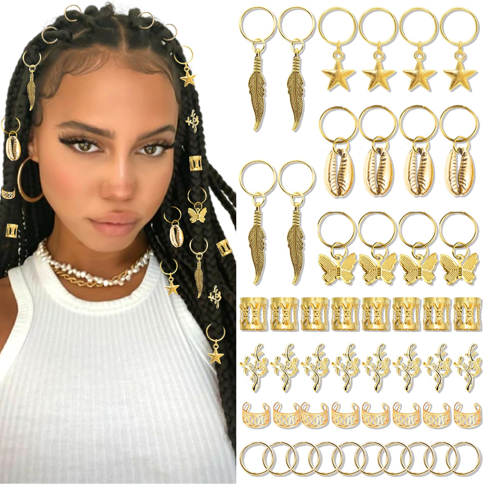 VENOFEN 50PCS Gold Shell Hair Jewelry Butterfly Star Loc Dreadlock Charms Seashell Hair Decoration Metal Braids Cuffs Rings Accessories for Women