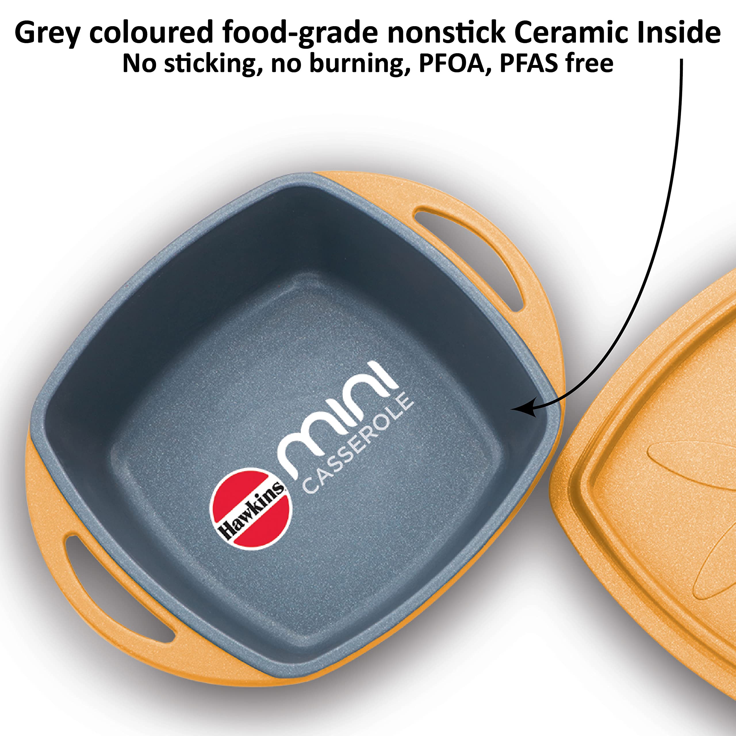 Hawkins Aluminium 0.75 liter Mini Casserole With Lid, Square Series Die-Cast Pan For Cooking, Reheating, Serving And Storing, Yellow (Mcsy75) 3