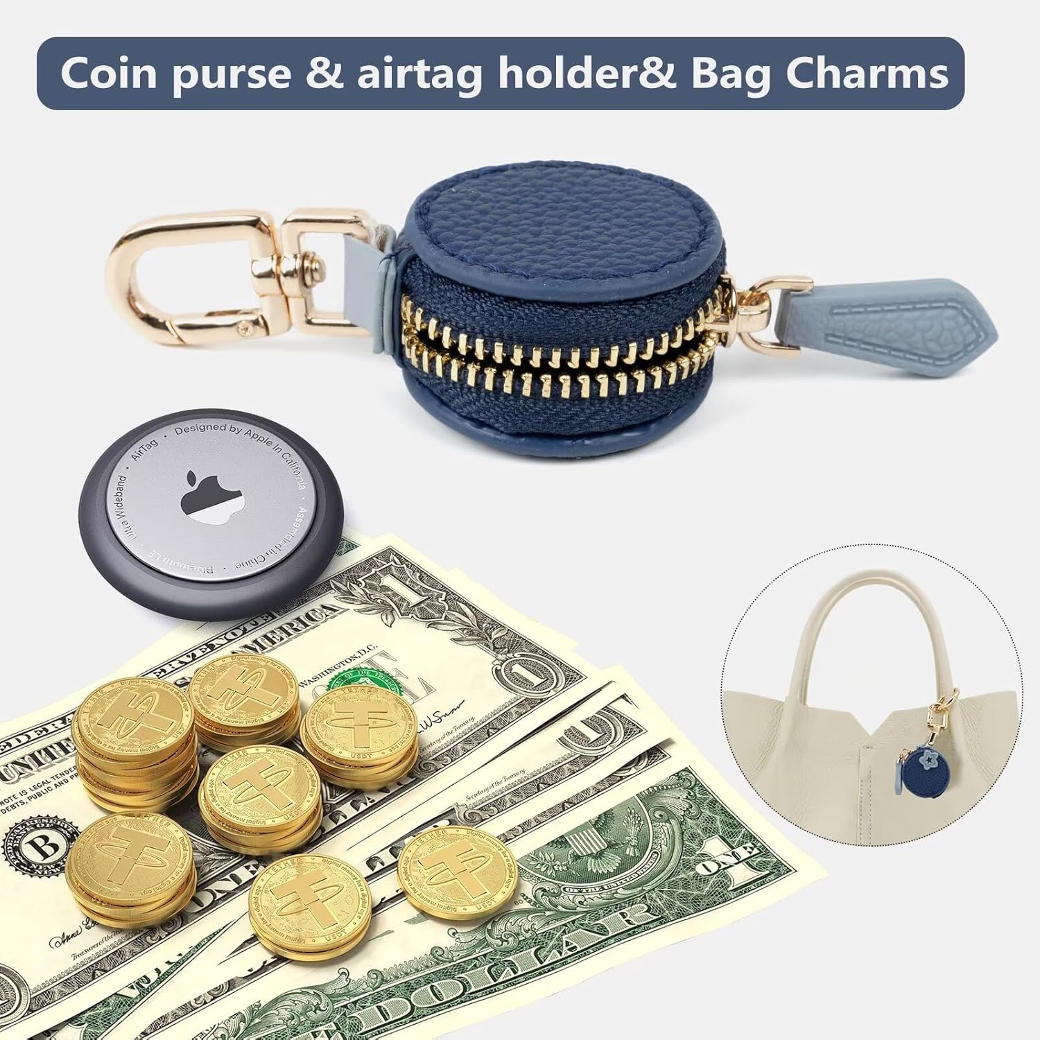 Cute Fruit Coin Purse Bag Charm,Mini Leather Coin Change Purse & Pouch Holder Keychain Charm for Handbag Tote Wallet Airtag Accessories,Kawaii Fruit Bag Charms for Girl Women Small Blue berry - Image 5