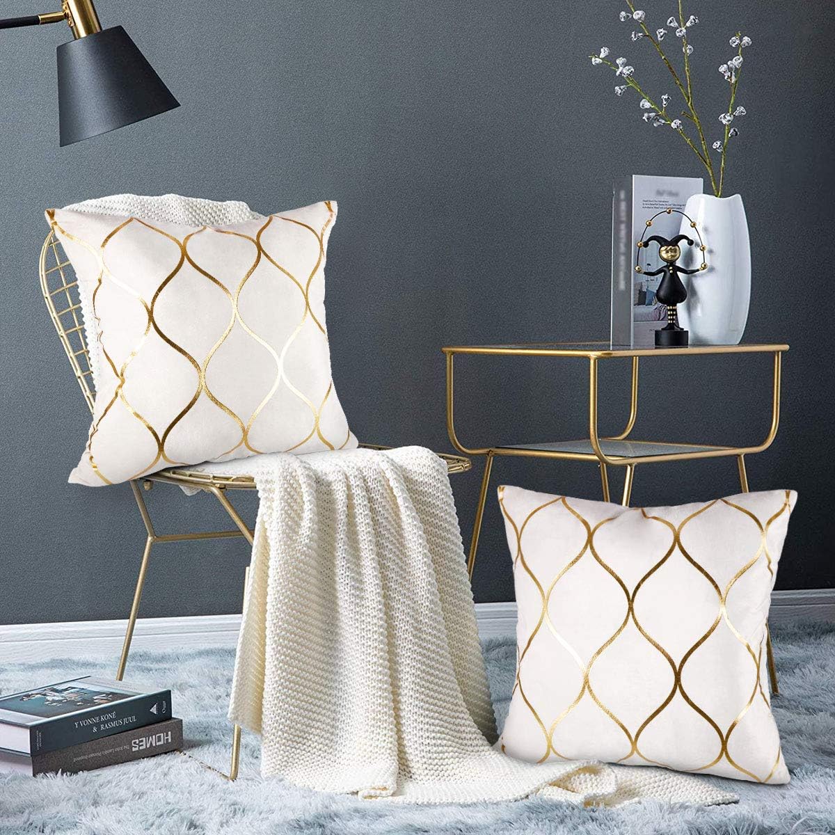 Hanrunsi Velvet Cushion Covers 18x18 Decorative Velvet Sofa Cushions 2 Pack Soft Pillowcases Golden Painted Decorative Throw Pillow Cases White for Sofa Couch Living Room - Image 5