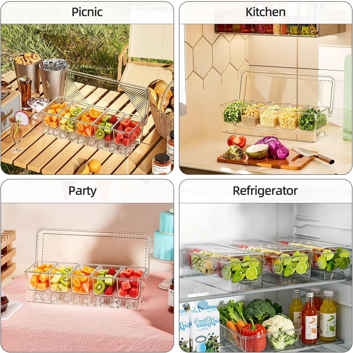 Ice Chilled Condiment Caddy Containers Server with Lids Party Serving Tray