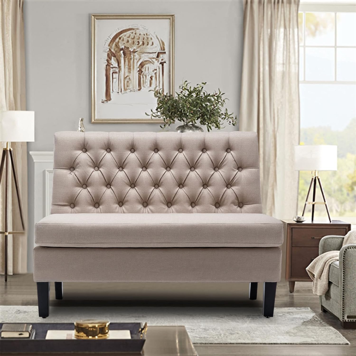 Andeworld Modern Tufted Button Back Upholstered Loveseat for Dining Room Hallway or Entryway Seating (Khaki)