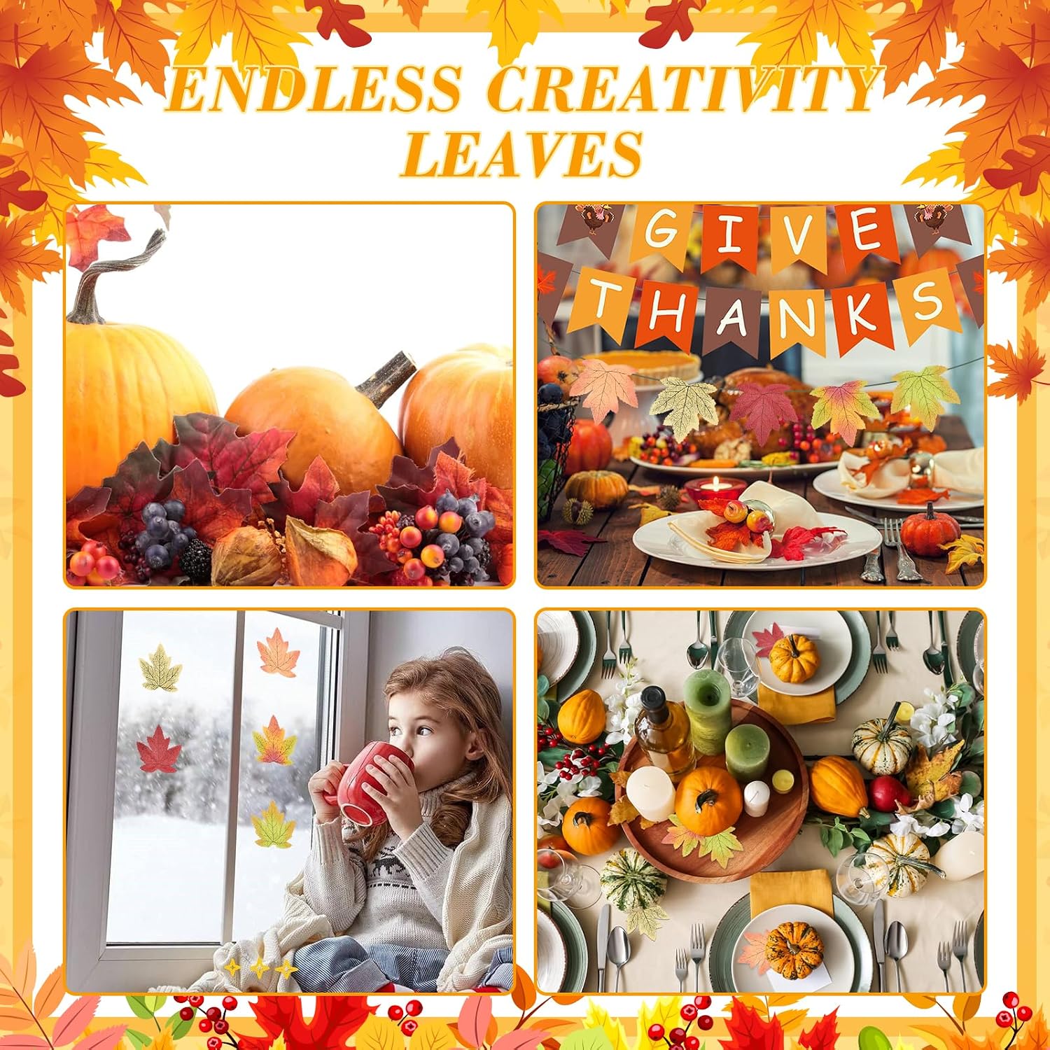 3.9" Fall Artificial Maple Leaves, 250 Pcs 5 Styles Mixed Faux Fake Autumn Decorations Bulk for Thanksgiving, Halloween, Wedding, Party, Autumn Harvest, Table Decoration