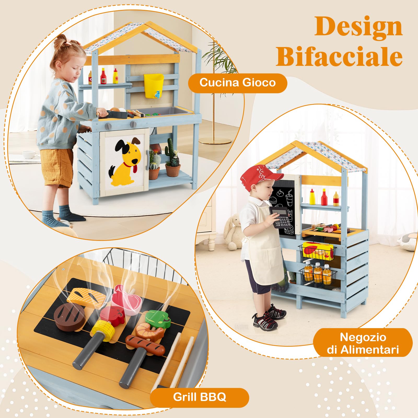 RELAX4LIFE 3 in 1 Cucina Giocattolo per Bambini in Legno, Set di Grill per Barbecue con Griglia, Forno e Lavagna, Gioco Negozio con 12 Accessori, 75 x 34 x 111 cm