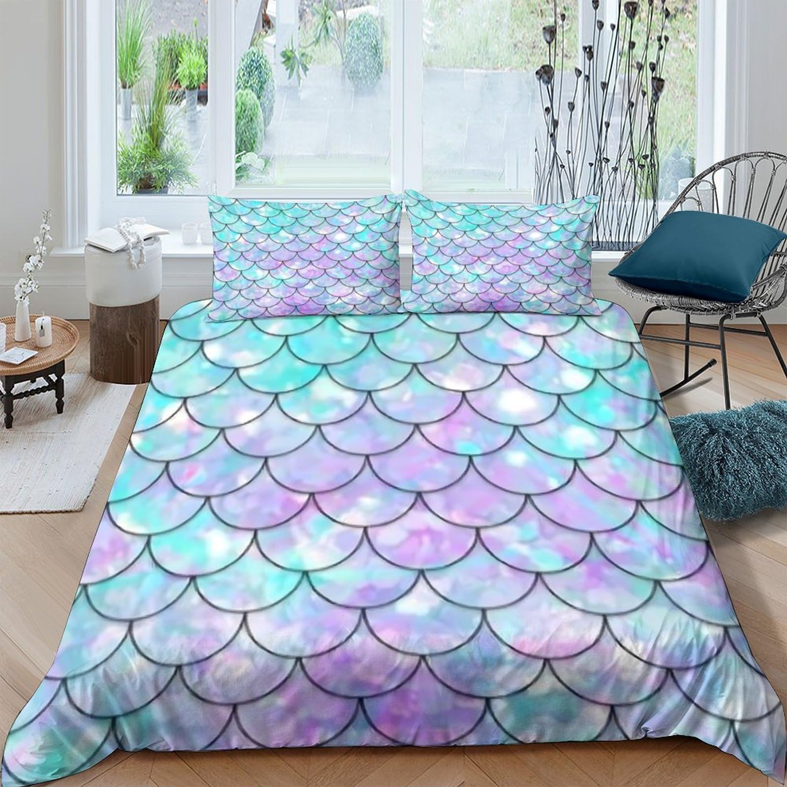 Ctjqhvkz Style-9 3D Printed Mermaid Scale Fitted Sheet Microfiber Pastel Rainbow Mattress Cover For Bedroom Dorm Decor Single（135X200cm）