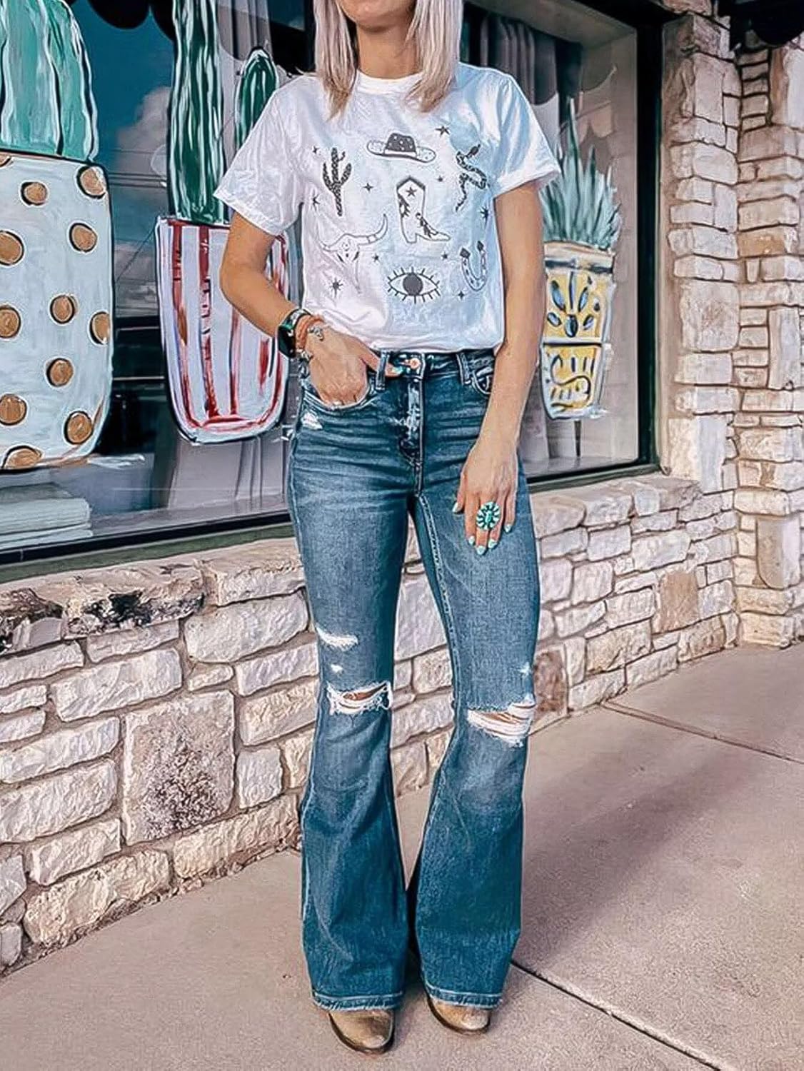 Flamingals Flare Bell Bottom Jeans for Women Raw Hem High Waist - Image 5