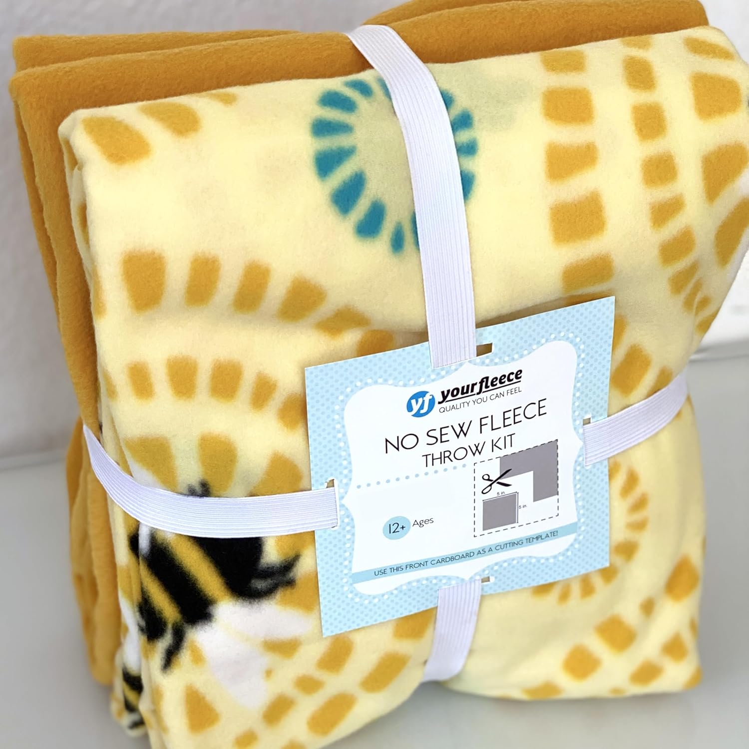 YourFleece Circles of Bees No-Sew Throw Fleece Fabric DIY Blanket Making Kit, Make Your Own, Anti-Pill, 50x60 inches