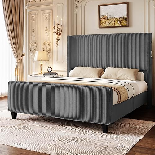 Miniatura 3 de Base de cama tamaño Queen con cabecero, cama de plataforma tapizada con cabecero y estribo altos con respaldo de alas, marcos de cama de pana con