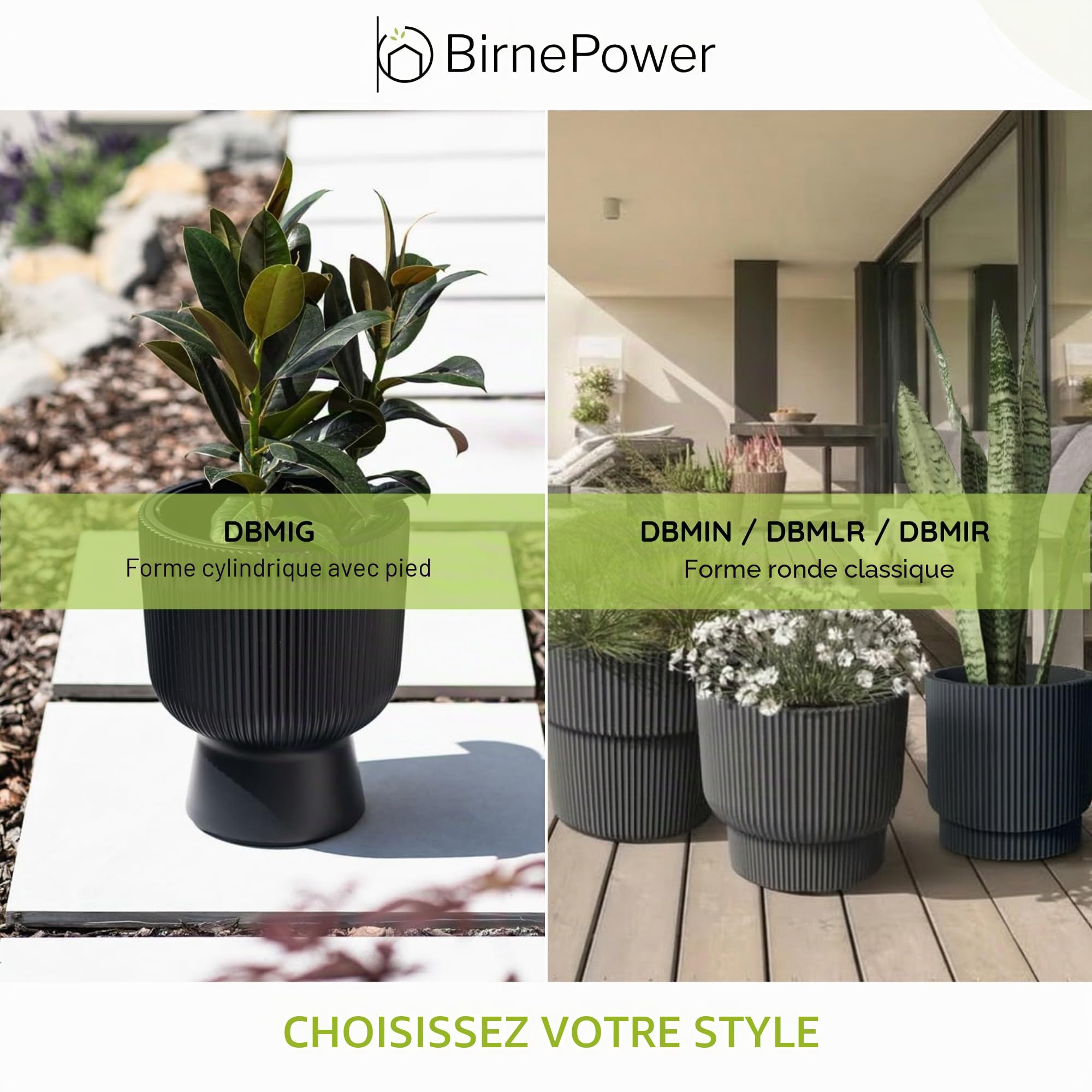 BirnePower Pot de Fleurs Rond Milly avec Insert Amovible, Cache-Pot Design Côtelé Élégant pour Intérieur et Extérieur, Résistant au Gel et UV, DBMIG 400, Anthracite