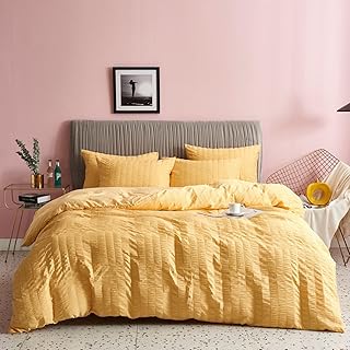 Freyamy Seersucker - Funda nórdica de 240 x 260 cm y 2 fundas de almohada de 65 x 65 cm, estampado a rayas, estructurado, color amarillo, juego de funda nórdica de microfibra con cremallera