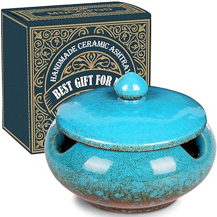 Ceramic Ashtray with Lids Cigar Accessories Outdoor Ash Tray Gift for Men Dad Husband Boyfriend Windproof Ashtrays for Patio, Home Indoor Outside Office Decoration (Blue)