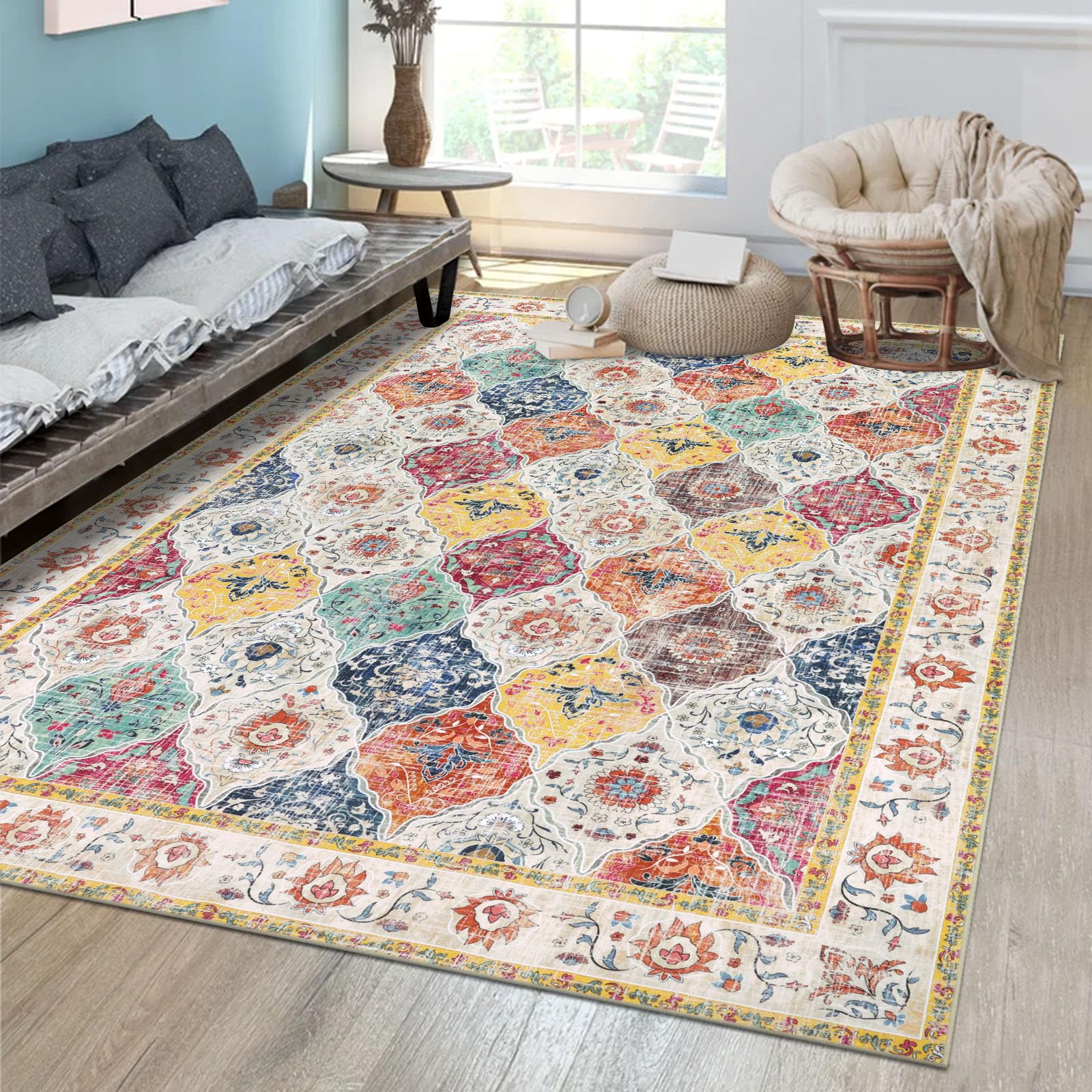 HEBE Washable Area Rug 6'x9' Non Slip Soft Distressed Medallion Bedroom & Living Room Rugs Vintage Entry Floor Carpet for Dining Room Bathroom EntrywayOEKO-TEX STANDARD 100