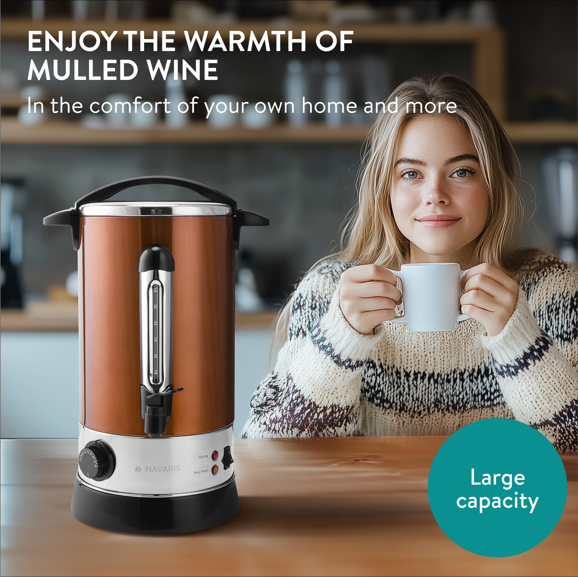Navaris Distributeur de Boisson Chaude - Marmite à Vin Chaud en Inox - Appareil Chauffe Eau Thé Café Soupe - Maintien de la Chaleur - 10 L