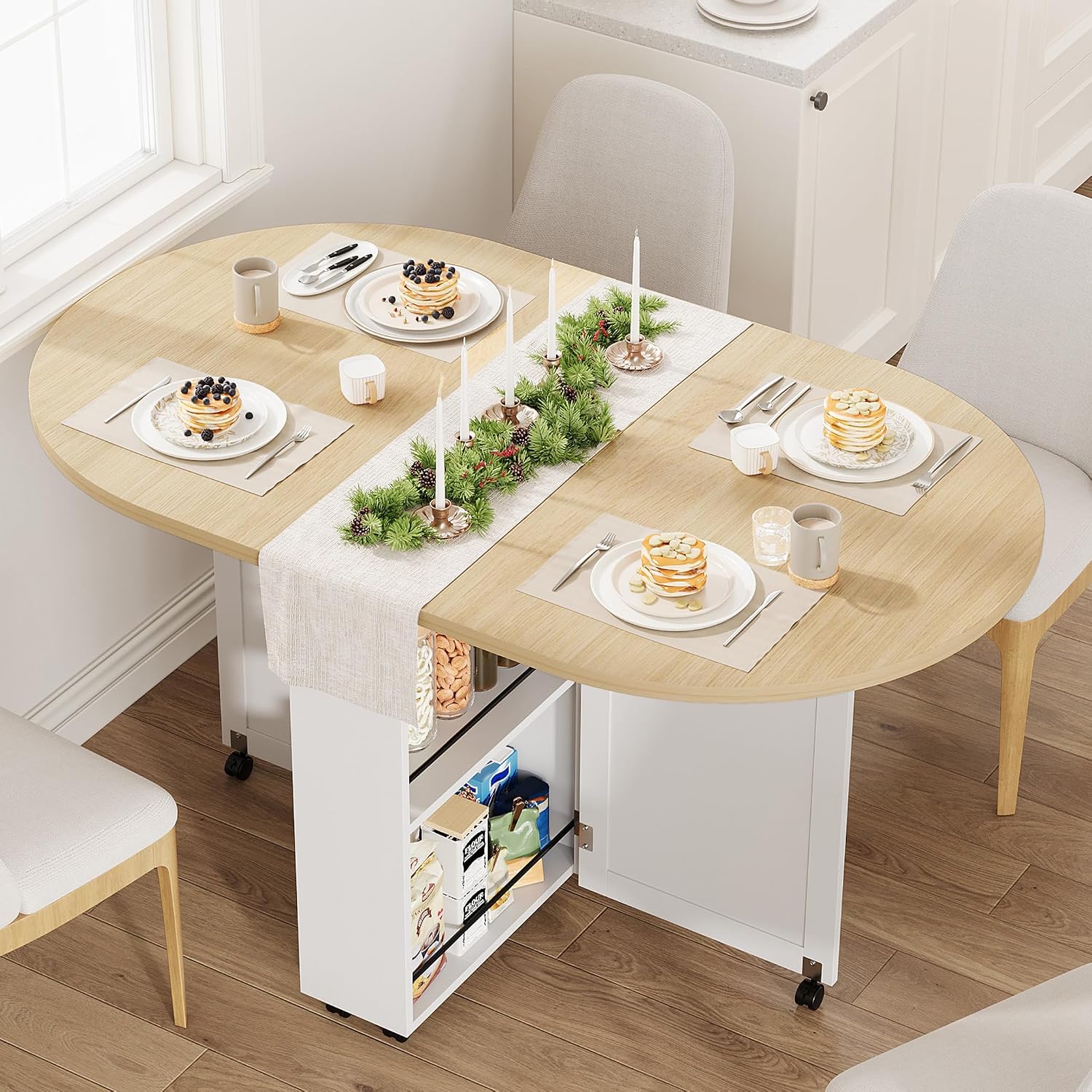 Garvee 3-in-1 Folding Dining Table with Wine Rack and Storage Drawer, Drop Leaf Oval Kitchen Table with Lockable Casters for Small Spaces, Apartments, RVs, White & Oak