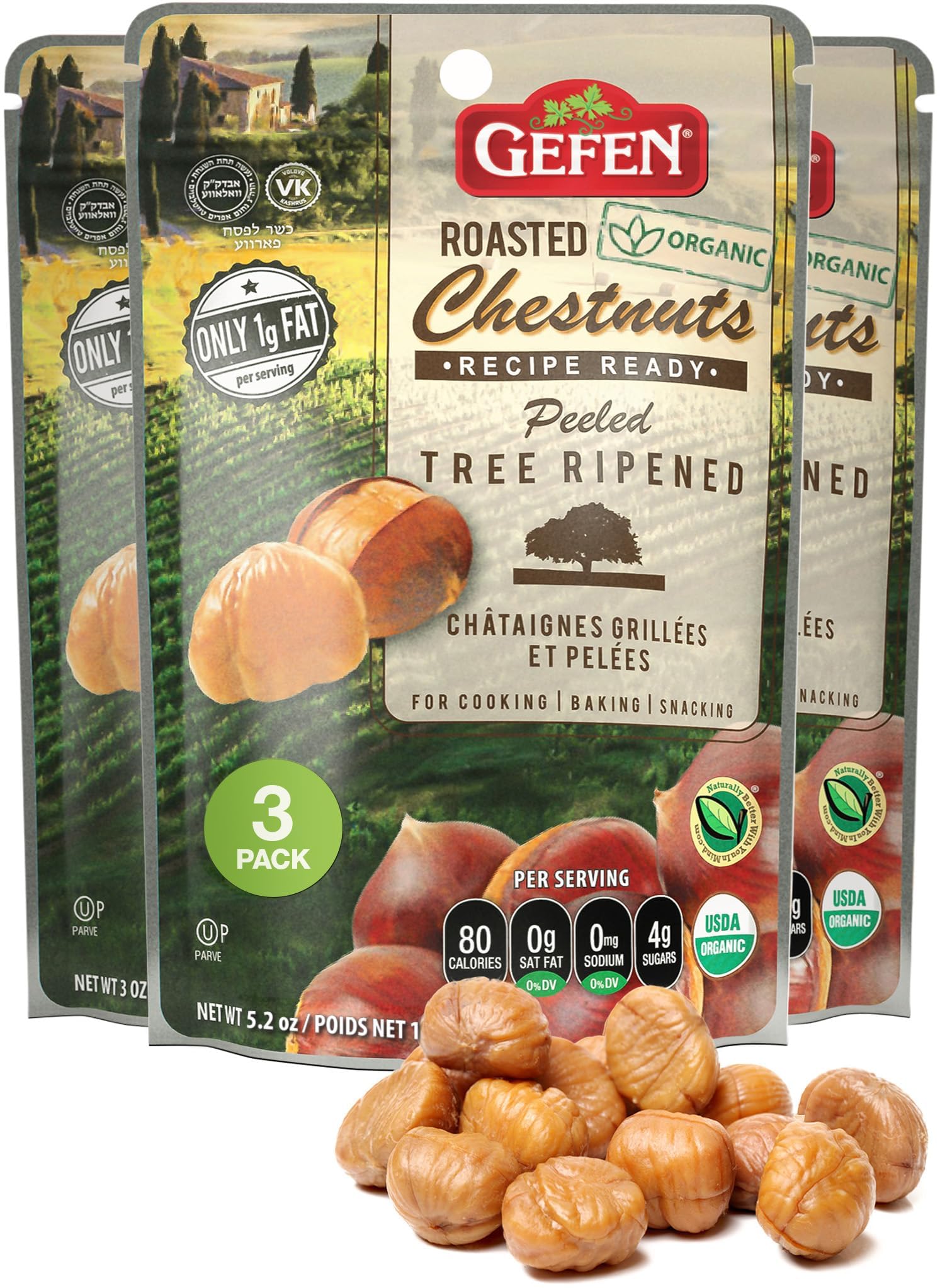 Gefen Organic Whole Peeled and Roasted Chestnuts, 3oz (3 Pack) | Chestnuts Peeled and Ready to Eat | Great for Cooking & Baking | Gluten Free | KosherUSDA Organic