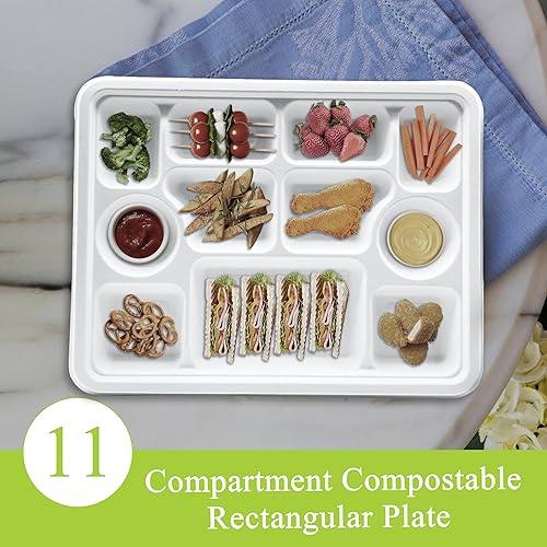 Miniatura 9 de three leaf Plato redondo de bagazo de 7 compartimentos, 100 unidades, platos de bagazo desechables naturales y ecológicos, 100 % biodegradables,