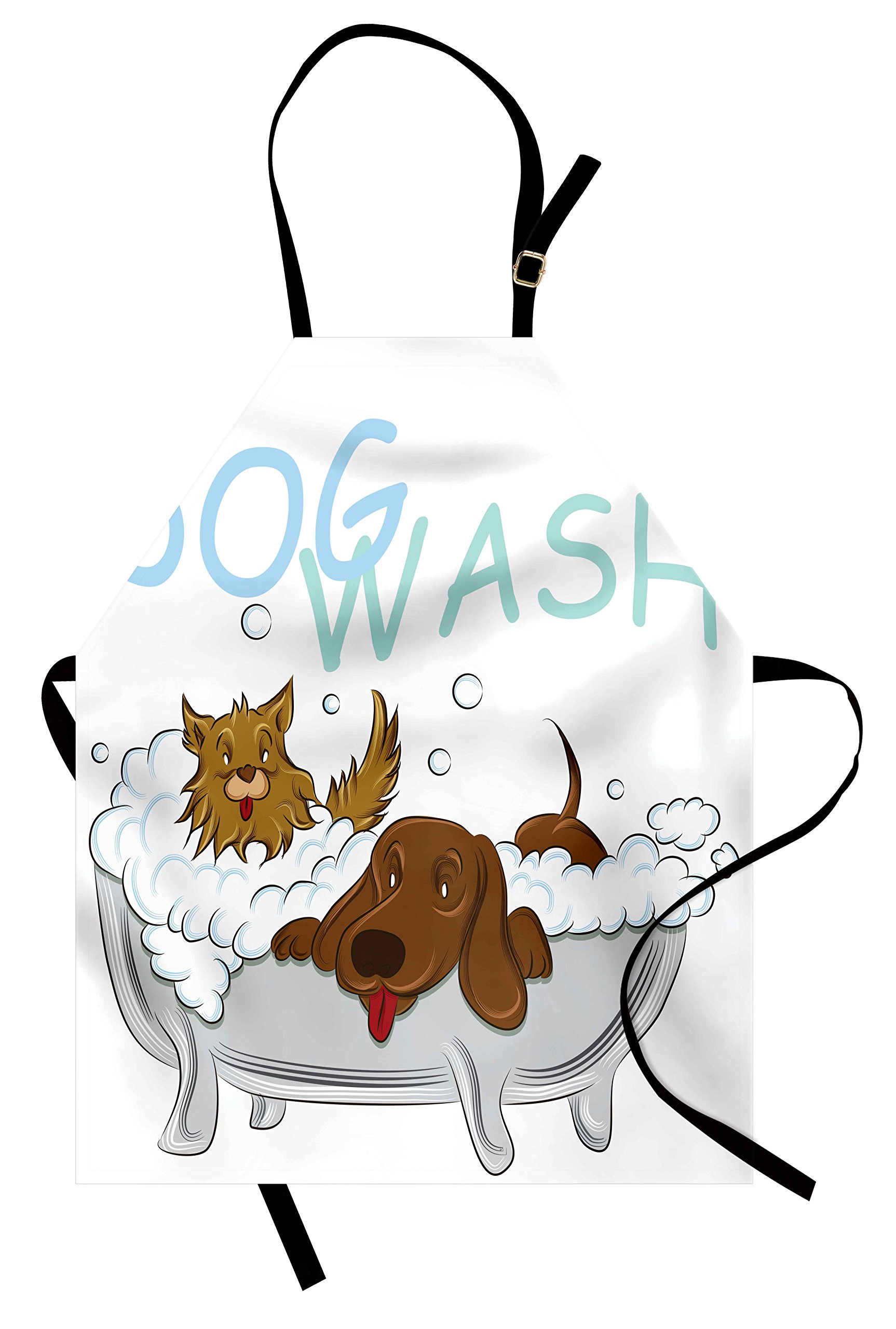 Lunarable Cartoon Apron, Playful Dogs in a Bathtub Grooming Each Other Pets Theme Illustration, Unisex Kitchen Bib with Adjustable Neck for Cooking