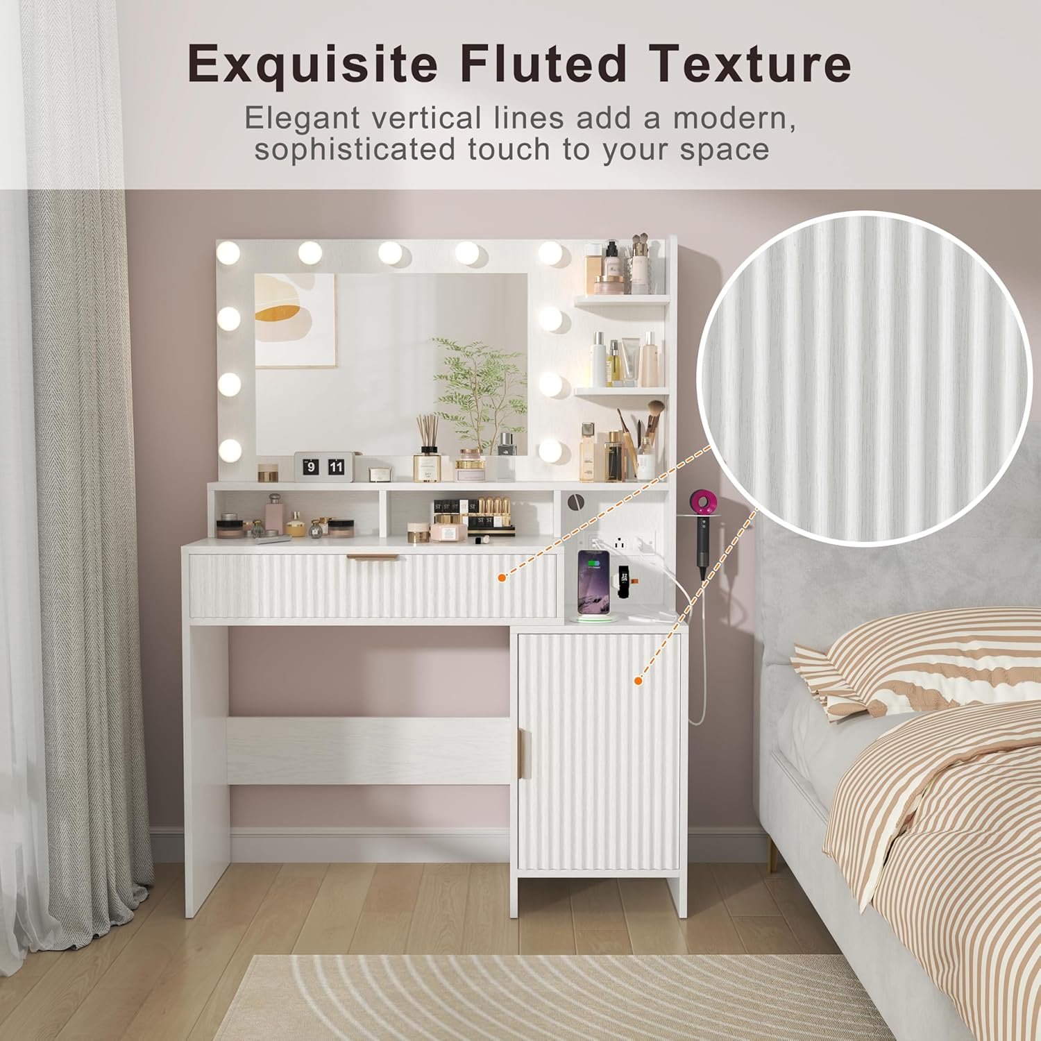 Vanity Table with 3-Color Dimmable LED Lights and Mirror, Fluted Makeup Desk with Charging Station & Power Outlet, Large Storage Cabinet & Drawer for Bedroom, Anti-Tip Safety, White