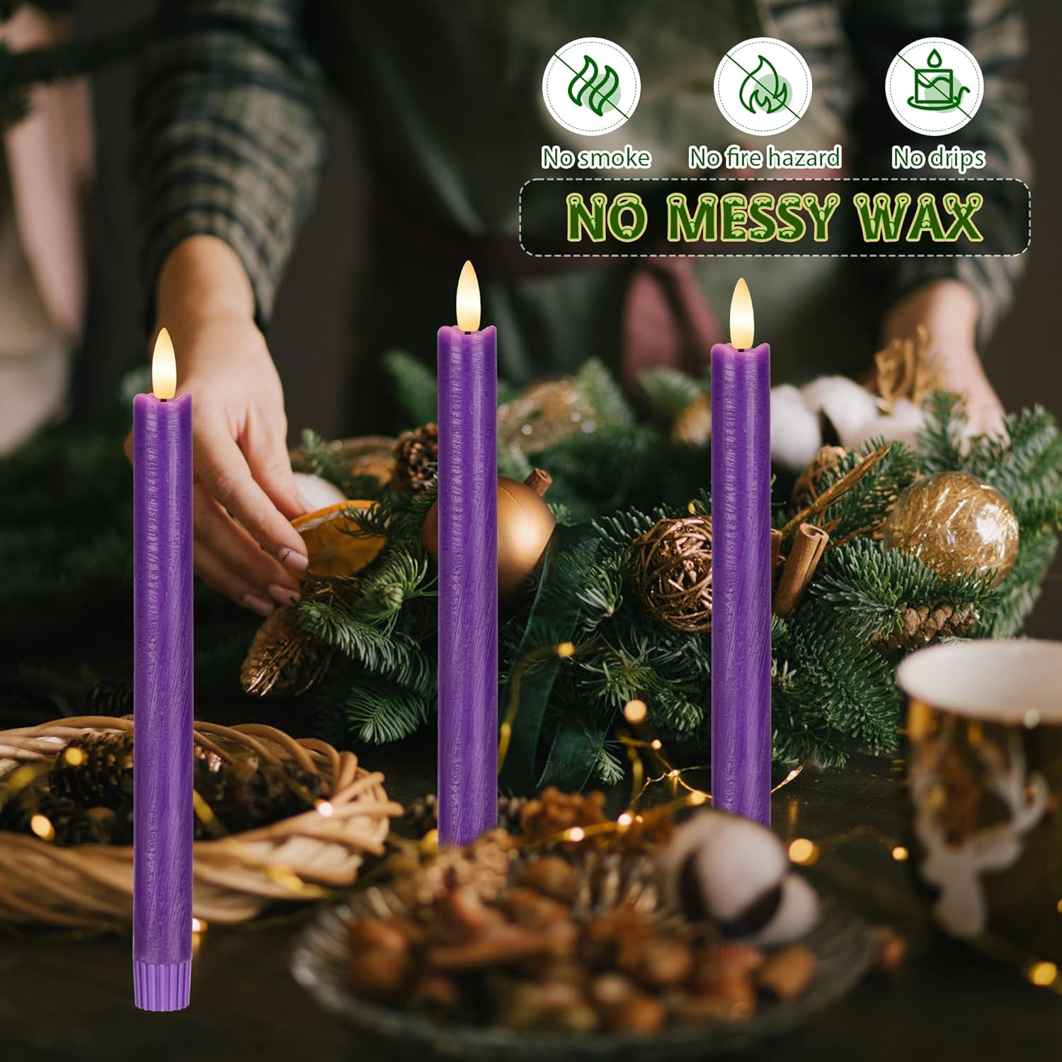 Purple Flameless Taper Candles with Remote, 6 Pack Real Wax Battery Operated Candles, 9.6 Inch Flickering Led Christmas Candlesticks Decorations for Winter Home Holiday Xmas Gift