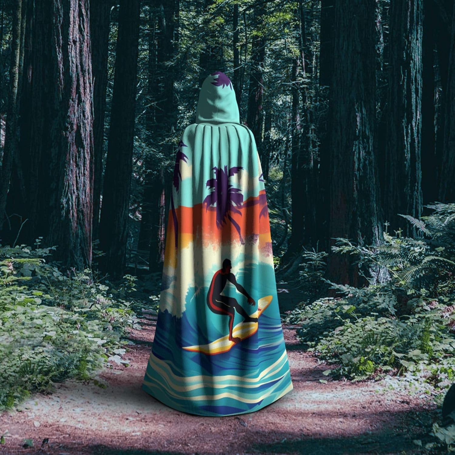 Hawaiian Surfer on Wavy print Hooded Robe Cloak for Adult Halloween Wizard Vampire Cosplay Costume Fancy Cool Cape