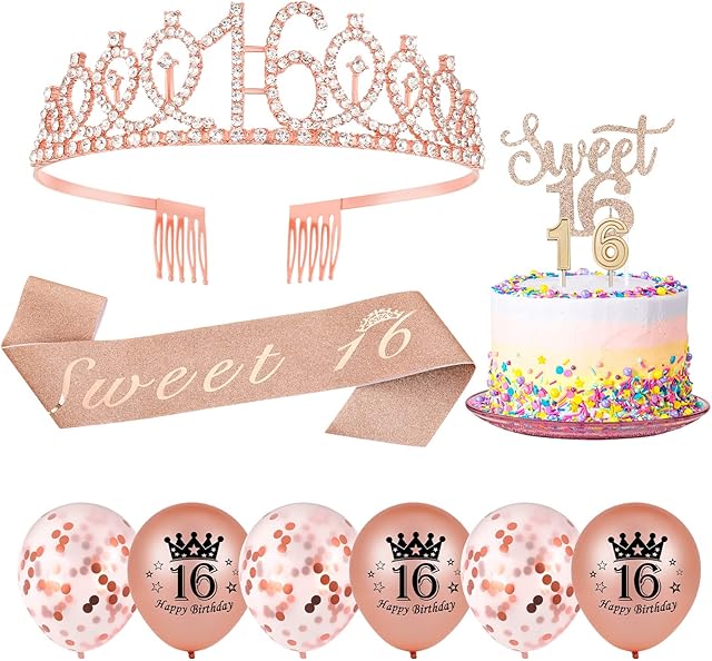 Dacitiery 16th Birthday Decorations for Girls, Rose Gold 16th Birthday Sash, Tiara, Candles, Balloons, Cake Toppers, Gifts for 16 Year Old Official Teenager Birthday Party Supplies
