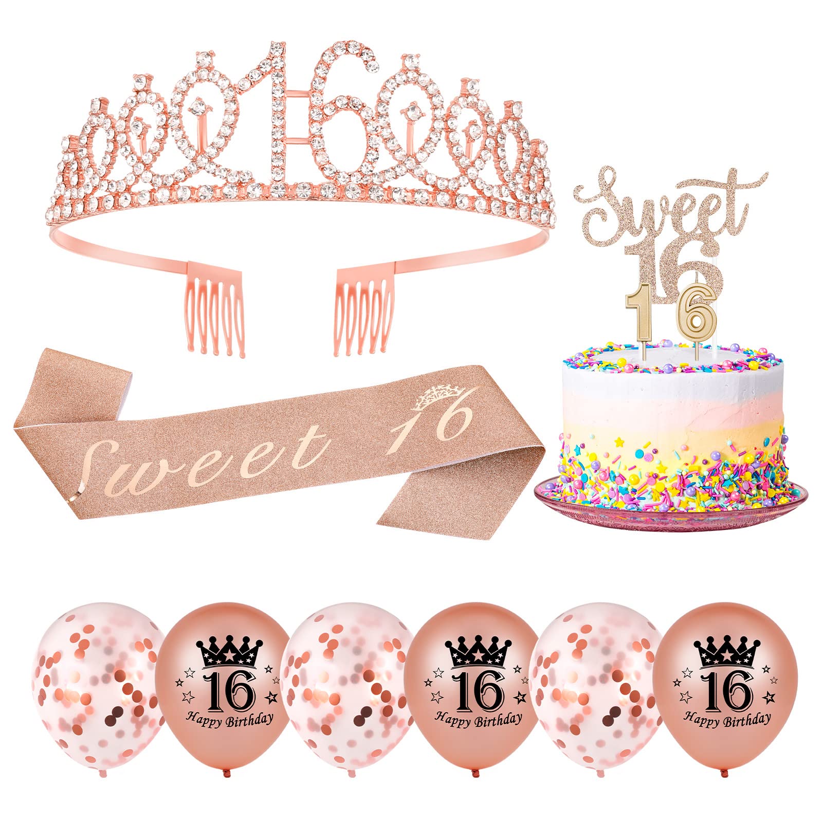 Dacitiery 16th Birthday Decorations for Girls, Rose Gold 16th Birthday Sash, Tiara, Candles, Balloons, Cake Toppers, Gifts for 16 Year Old Official Teenager Birthday Party Supplies