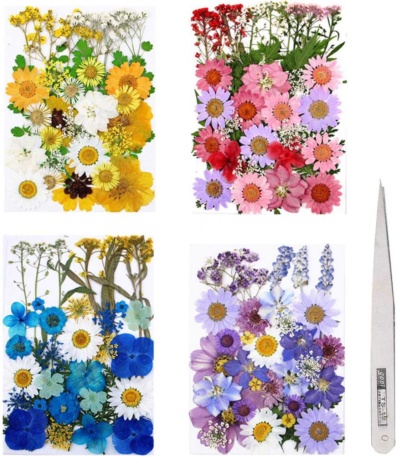 Fuyamp 131 Pcs Pressed Dried Flowers, Mixed Multiple Natural Flowers Leaves, Floral Art Craft with Tweezers for DIY Resin Pendant and Home Decorations