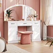 kepptory Glass Top Vanity Desk with Lights and Large Mirror, 55 Inch LED Lighted Makeup Vanity Table with Storage Drawers & Adjustable Shelves, Dimmable Dressing Table for Bedroom, White