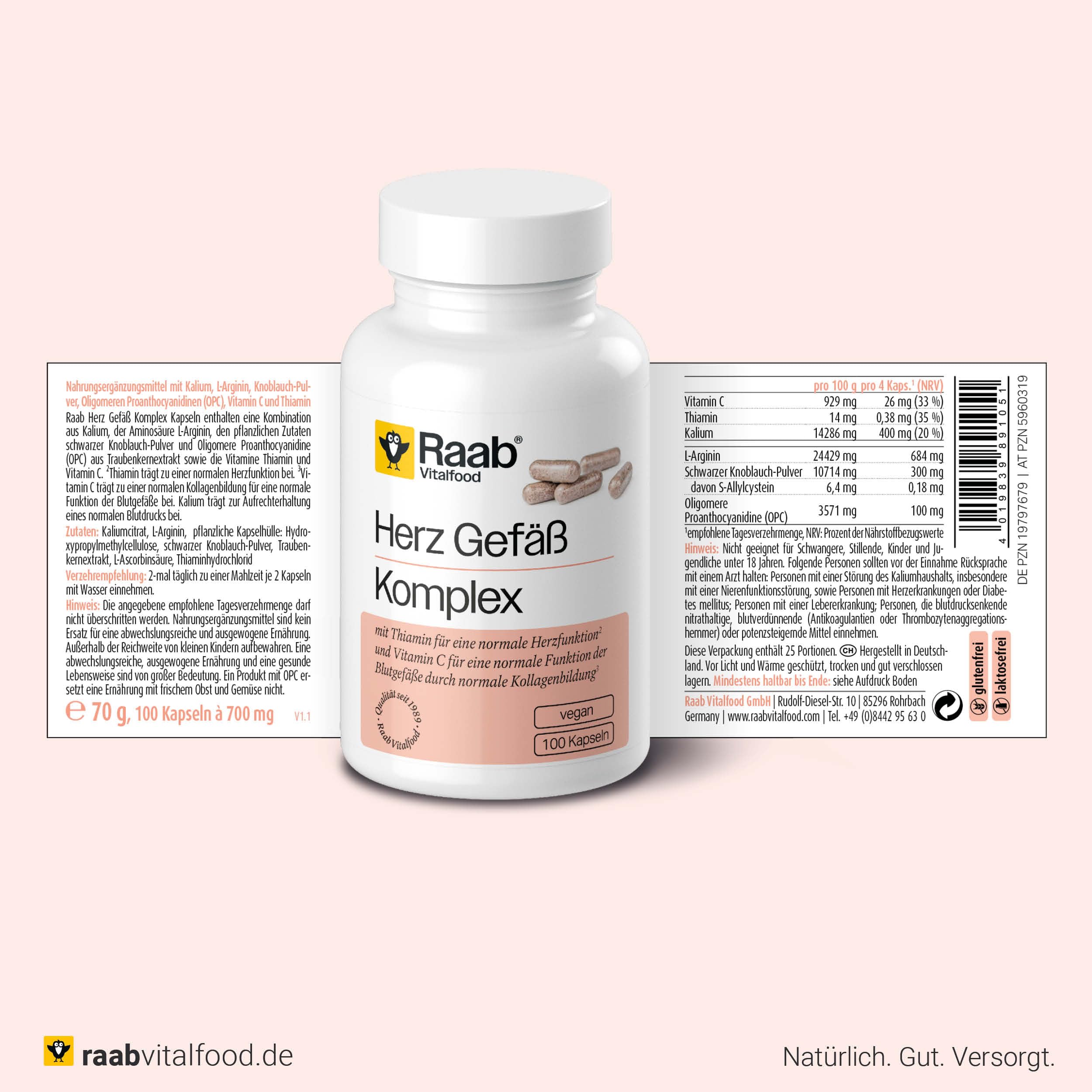 Raab Vitalfood® Herz Gefäß Komplex Kapseln (100 Stück) - Kombination aus Kalium, L-Arginin, schwarzer Knoblauch-Pulver, OPC aus Traubenkernextrakt sowie Thiamin und Vitamin C