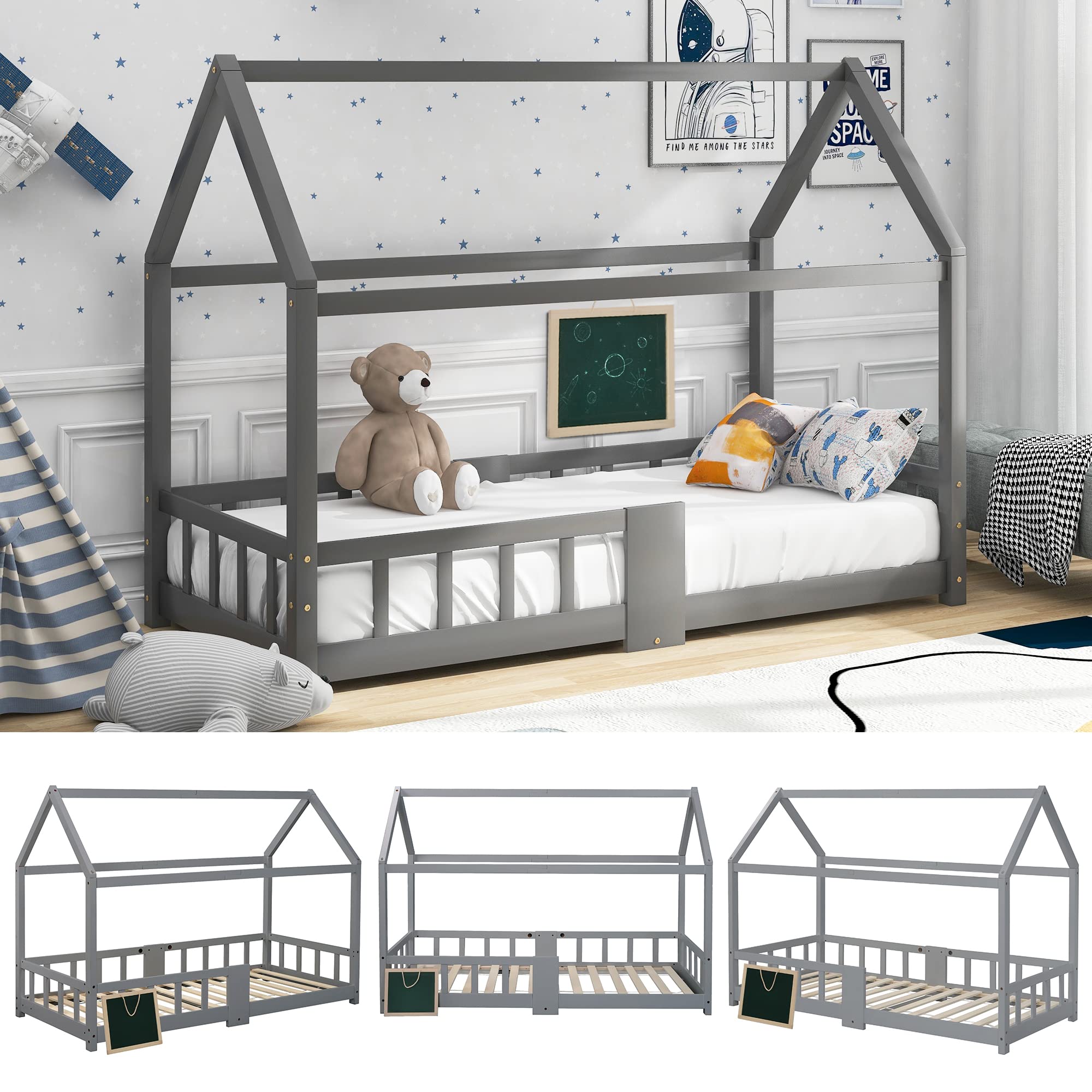 Lit Cabane Enfants 90x200, Lit Maison en Bois Massif avec Barrière Anti-Chute pour Chambre Enfant, Sommier Intégré, Gris,sans Matelas