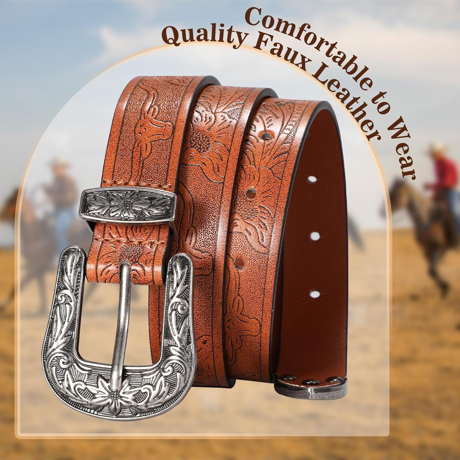 SANSTHS Western Belt For Women, Womens Cowboy Belt For Pants Jeans With Vintage Floral Carved Design - Image 5