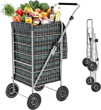 70L 4-Wheel Foldable Shopping Trolley Bag, Extra Large Capacity, Push/Pul, 102cm, Waterproof Lining Shopping Cart Trolley, Portable,Height Adjustable Handle, Tool-Free Setup