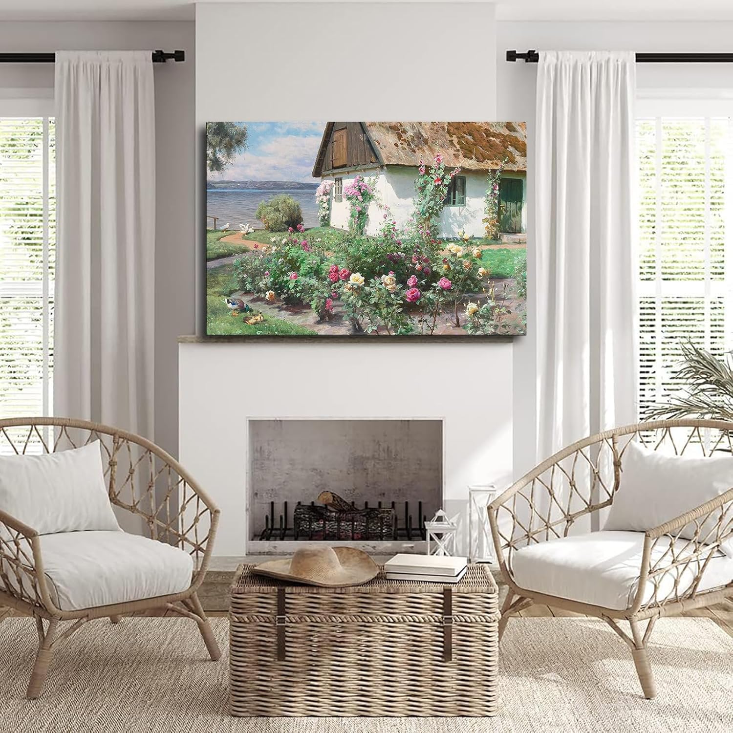 Roses in Bloom at an Old Garden Cottage Near SøRup by Peder Mørk Mønsted Poster Canvas Painting Wall Art Decor for Living Room Hallway Bedroom Prints Home Decoration (20x30inch,Unframed)