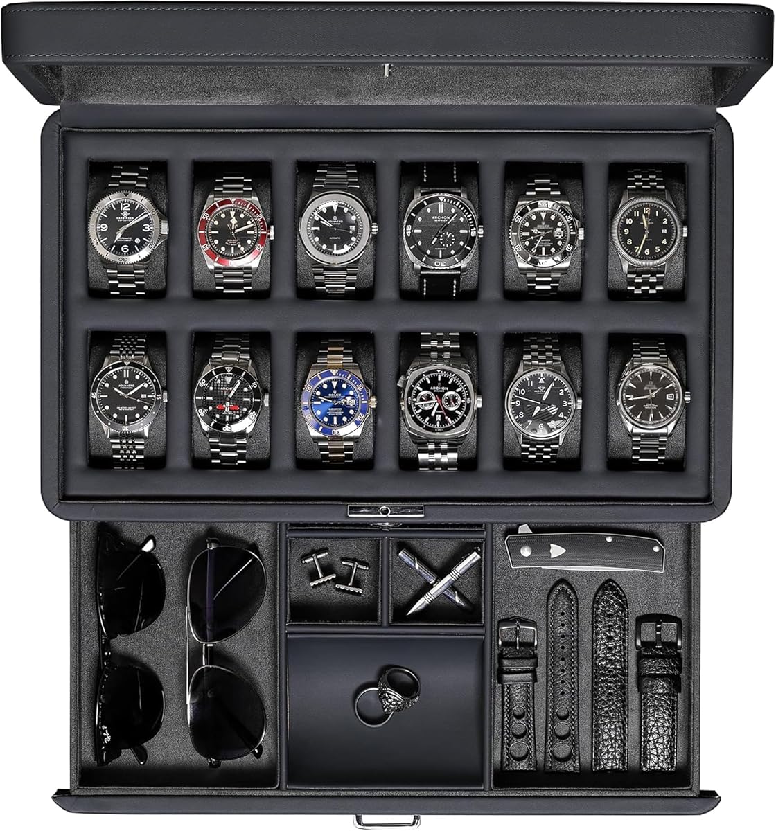 ROTHWELL Luxury Watch Box for 12 Watches – PU Leather Watch Box with Real Glass Lid – Slide out Accessory Drawer with Multiple Compartments (Carbon)