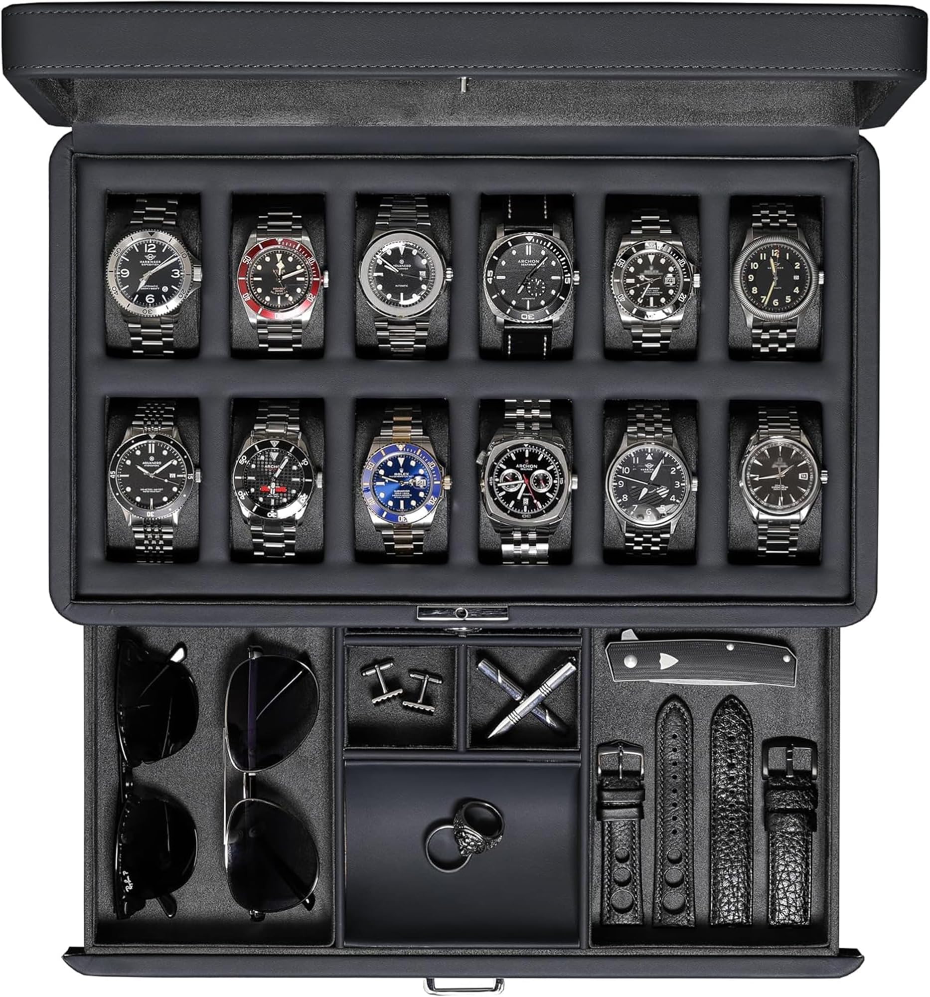 ROTHWELL Luxury Watch Box for 12 Watches – PU Leather Watch Box with Real Glass Lid – Slide out Accessory Drawer with Multiple Compartments (Carbon)