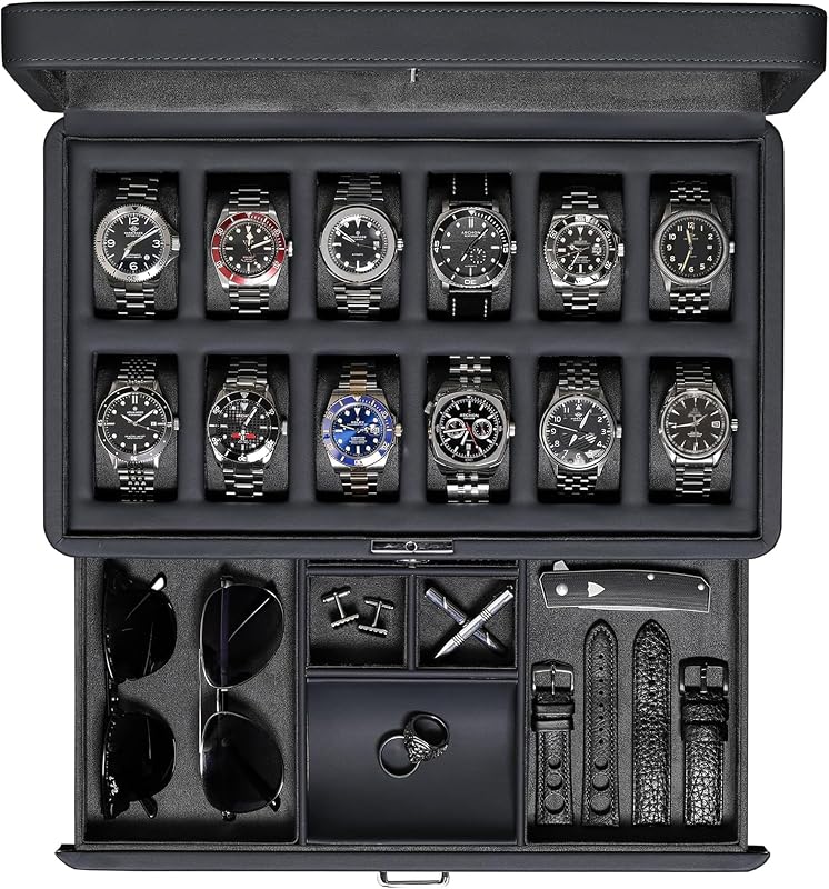ROTHWELL Luxury Watch Box for 12 Watches – PU Leather Watch Box with Real Glass Lid – Slide out Accessory Drawer with Multiple Compartments (Carbon)