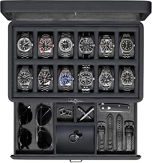 ROTHWELL Luxus Uhrenbox für 12 Uhren - PU Leder Uhrenbox mit Echtglasdeckel - Ausziehbare Zubehörschublade mit mehreren Fächern (Carbon)