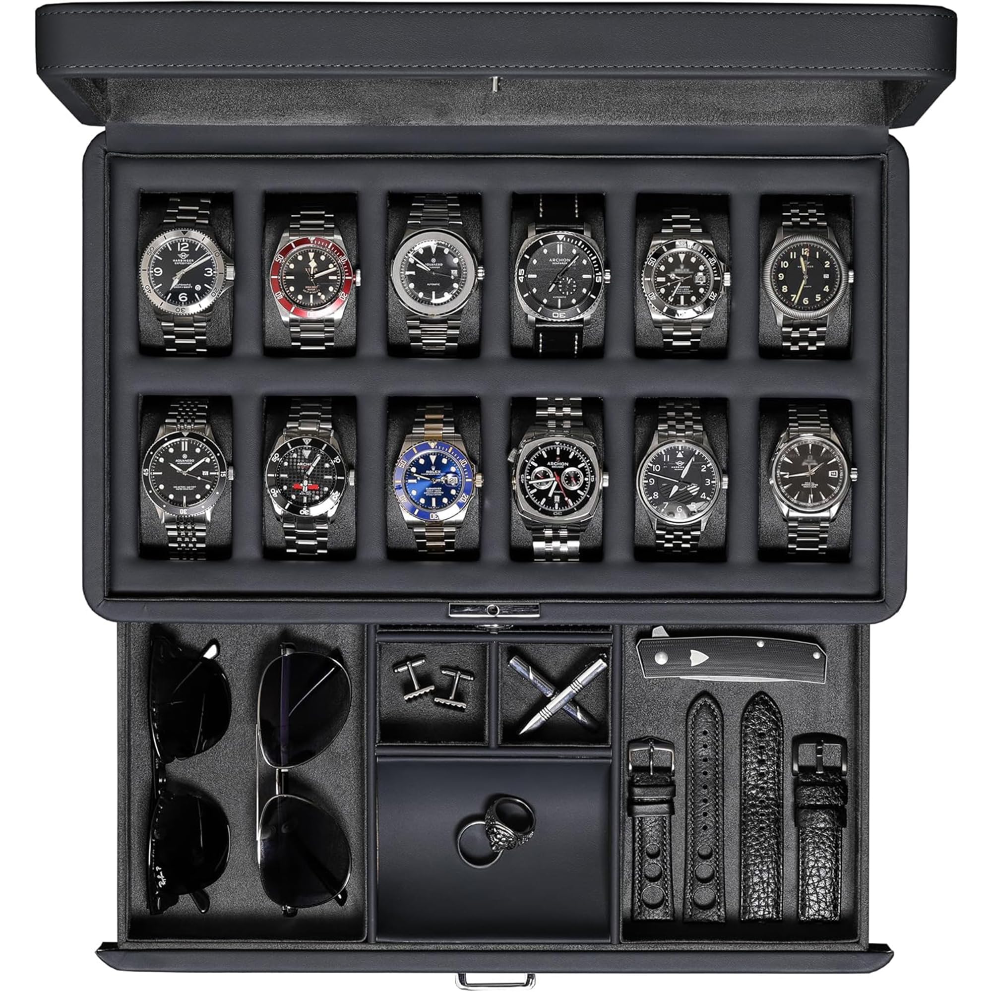 ROTHWELL Caja de reloj de lujo para 12 relojes, caja de reloj de piel sintética con tapa de cristal real, cajón deslizante para accesorios con múltiples compartimentos (carbono)