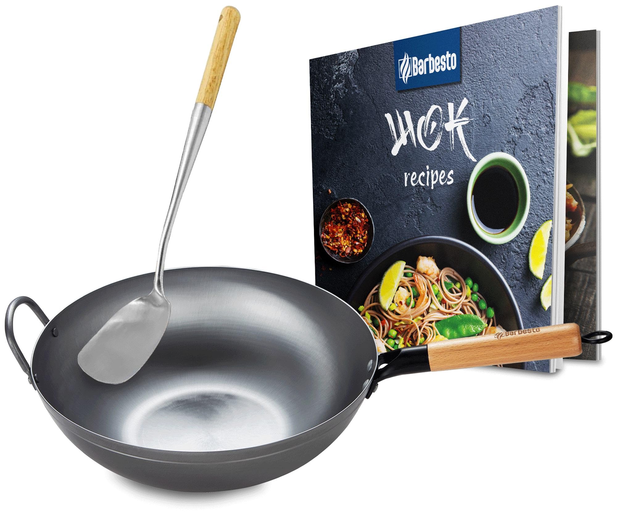 CLP Set wok en acier carbone I Fond plat ou rond pour gaz, induction et gril I Poêle wok avec poignée en bois, livre de recettes & spatule wok, Forme:plate