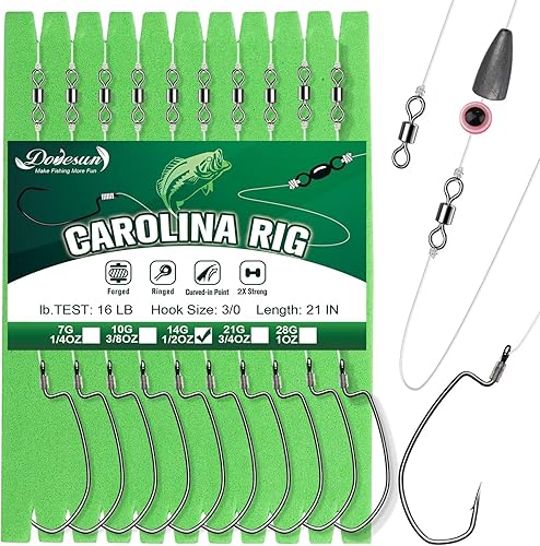 Miniatura 16 de Dovesun 10/5PCS Ready Tied Carolina Rig Kit for Bass Fishing Catfish Rig Catfish Hook Kit with Bass Hooks, Swivel, Fluorocarbon Line, Weights