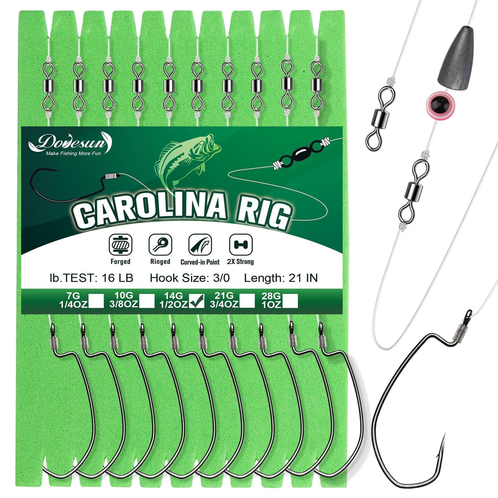 Dovesun 10/5PCS Ready Tied Carolina Rig Kit for Bass Fishing Catfish Rig Catfish Hook Kit with Bass Hooks, Swivel, Fluorocarbon Line, Weights