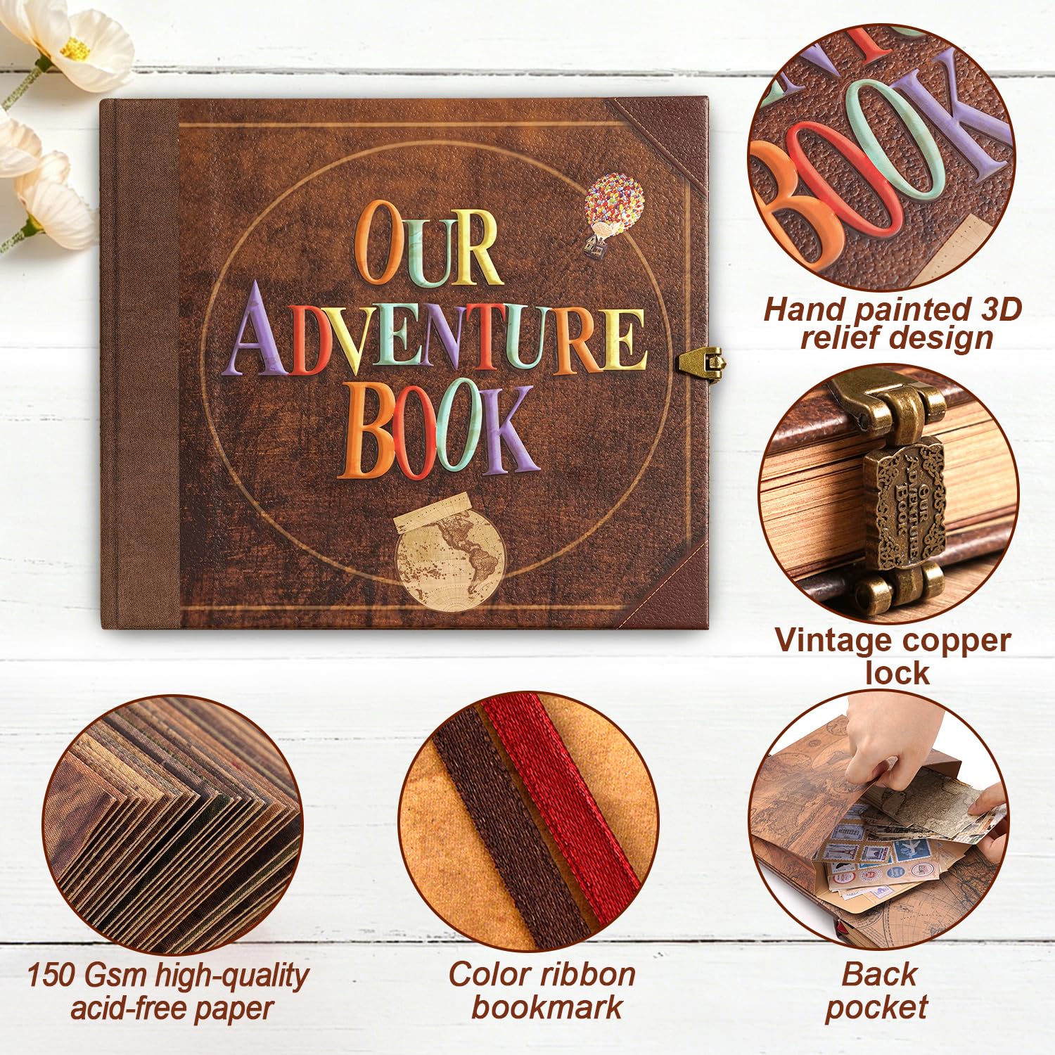 Our Adventure Book - Album fotografico per scrapbooking, 146 pagine, 22 x 19 cm, stile retrò, con copertina in rilievo per lettere, diario di viaggio, diario per coppie, album dei ricordi per